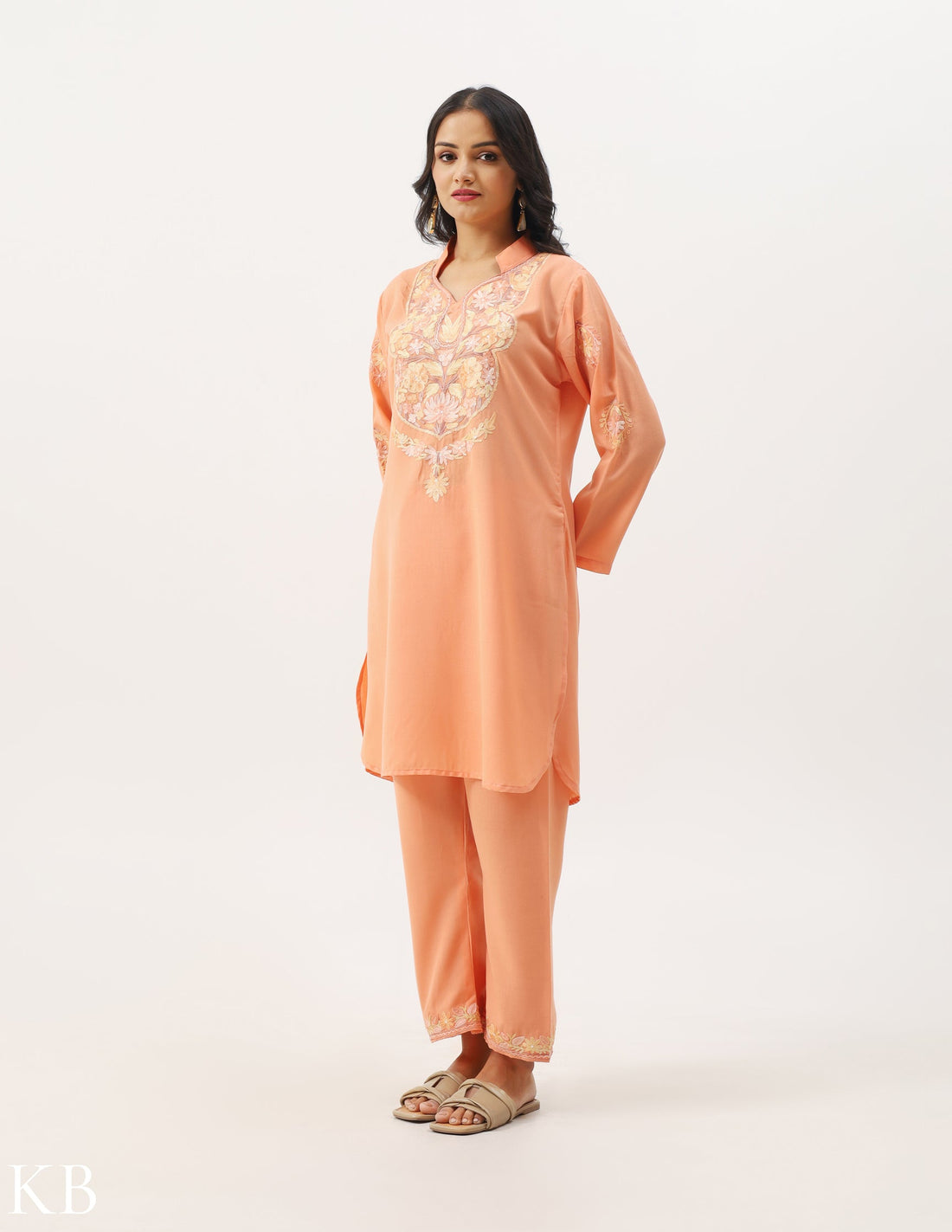 Peach Cotton Embroidered Co-ord set - Kashmir Box