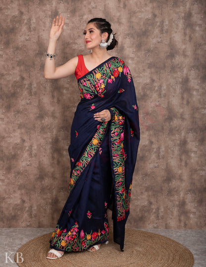 Denim Blue Aari Kari Silk Saree - Kashmir Box