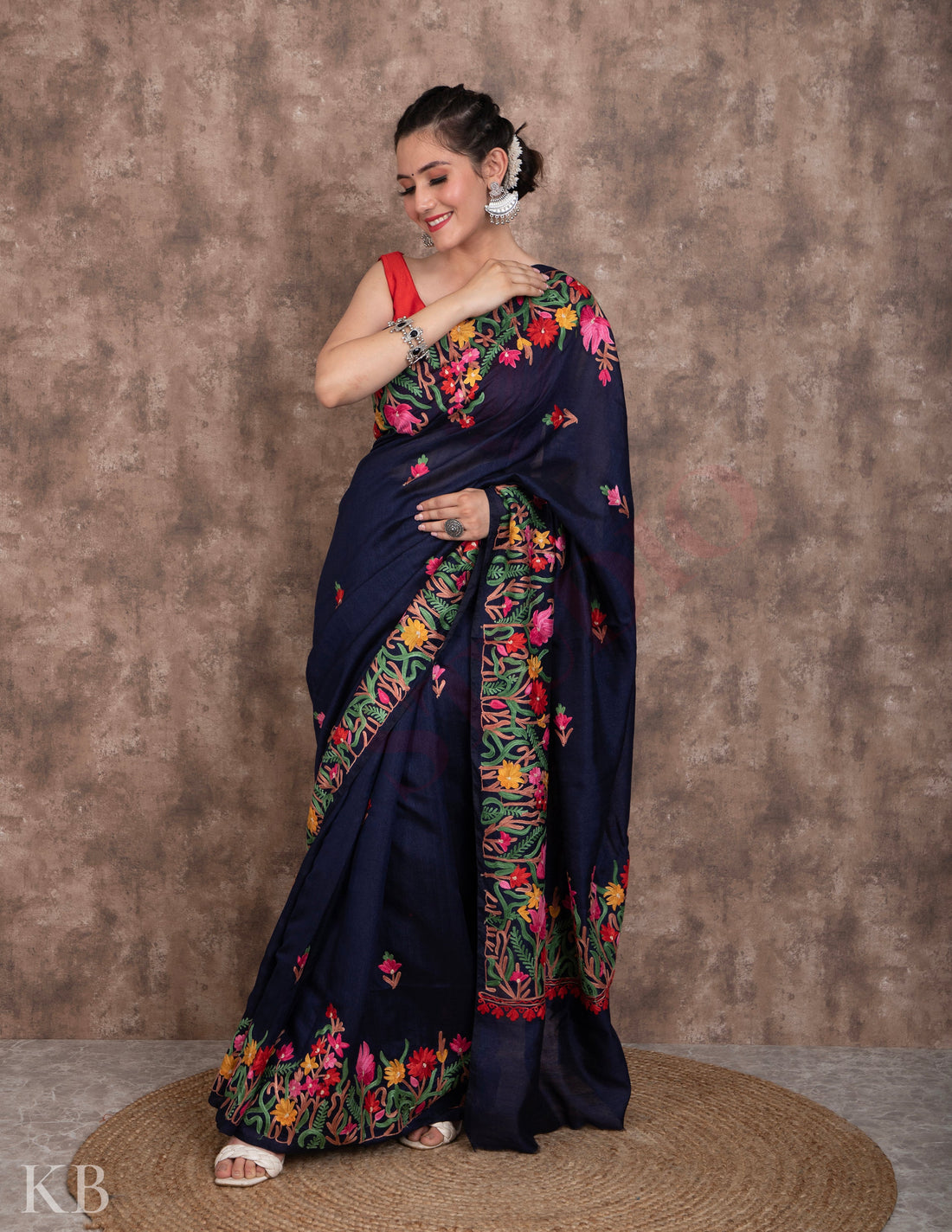 Denim Blue Aari Kari Silk Saree - Kashmir Box