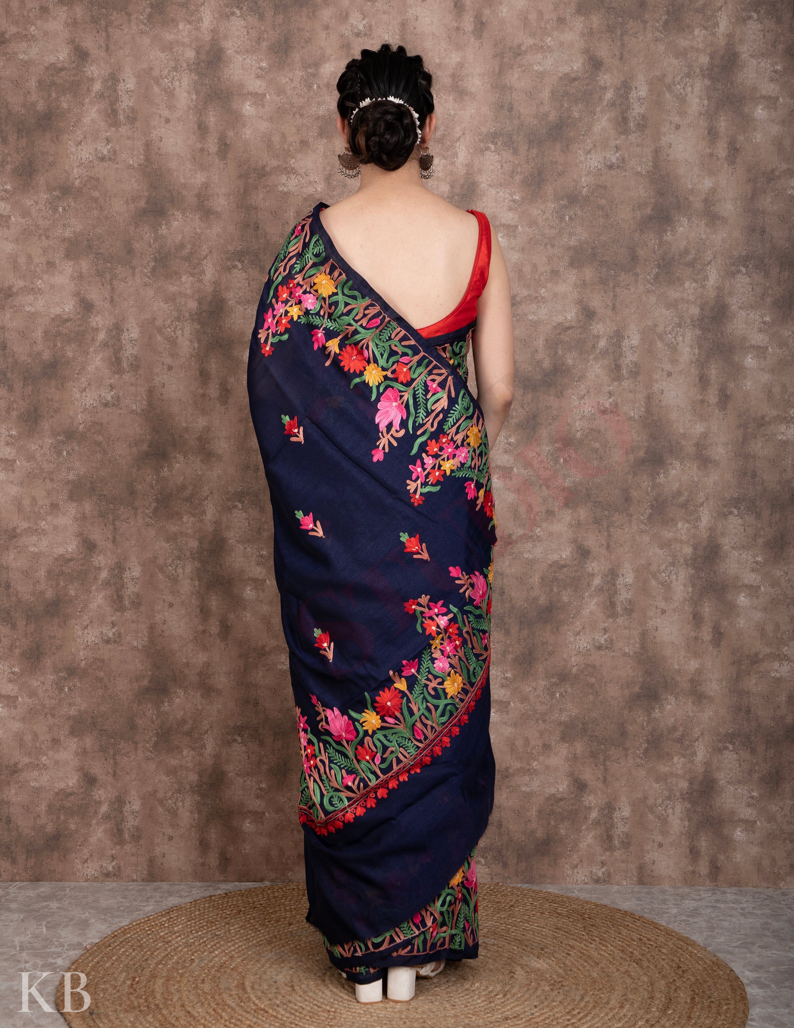 Denim Blue Aari Kari Silk Saree - Kashmir Box