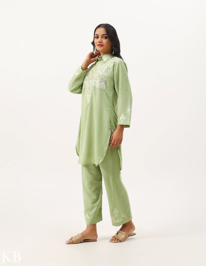 Soft Green Aari Work Cotton Co-ord Set - Kashmir Box