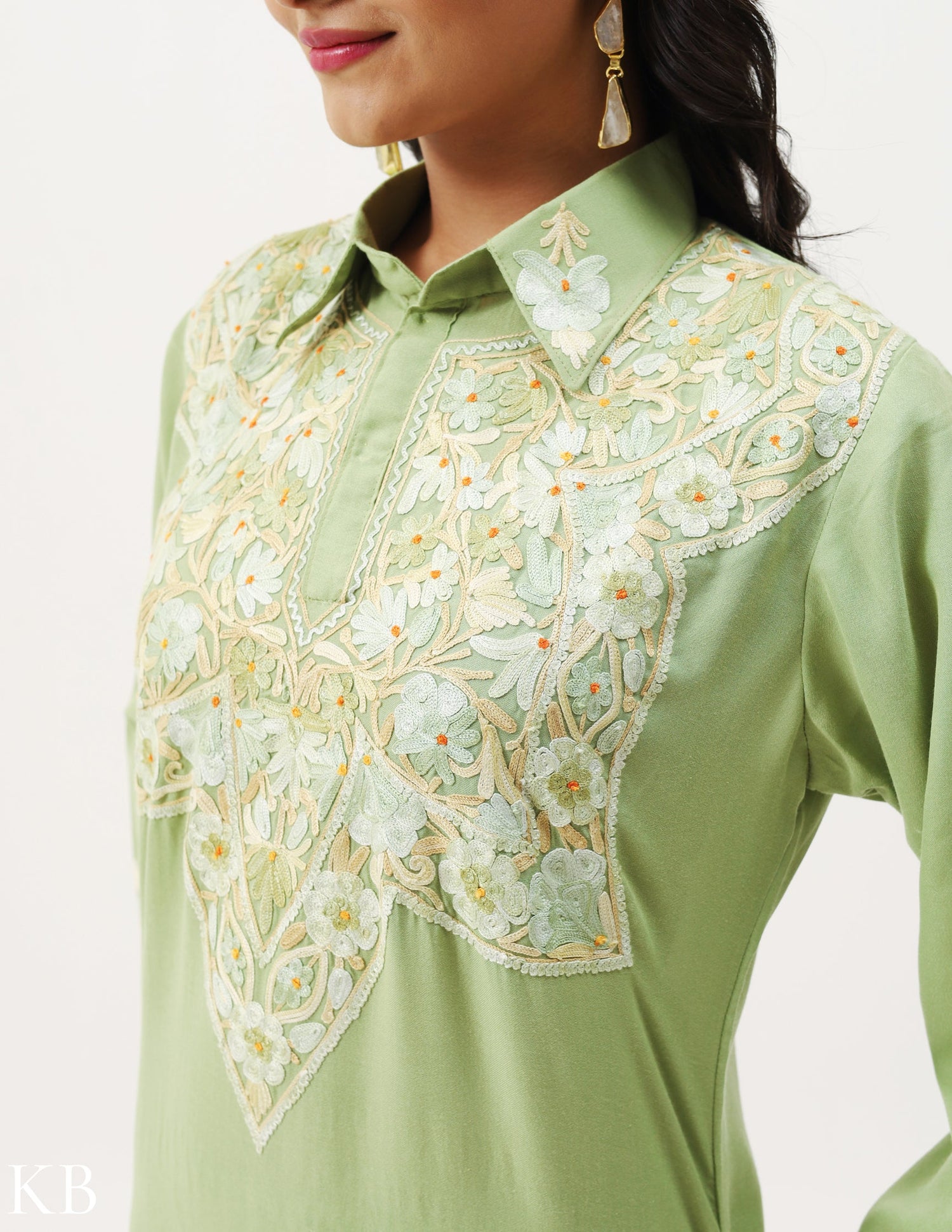 Soft Green Aari Work Cotton Co-ord Set - Kashmir Box