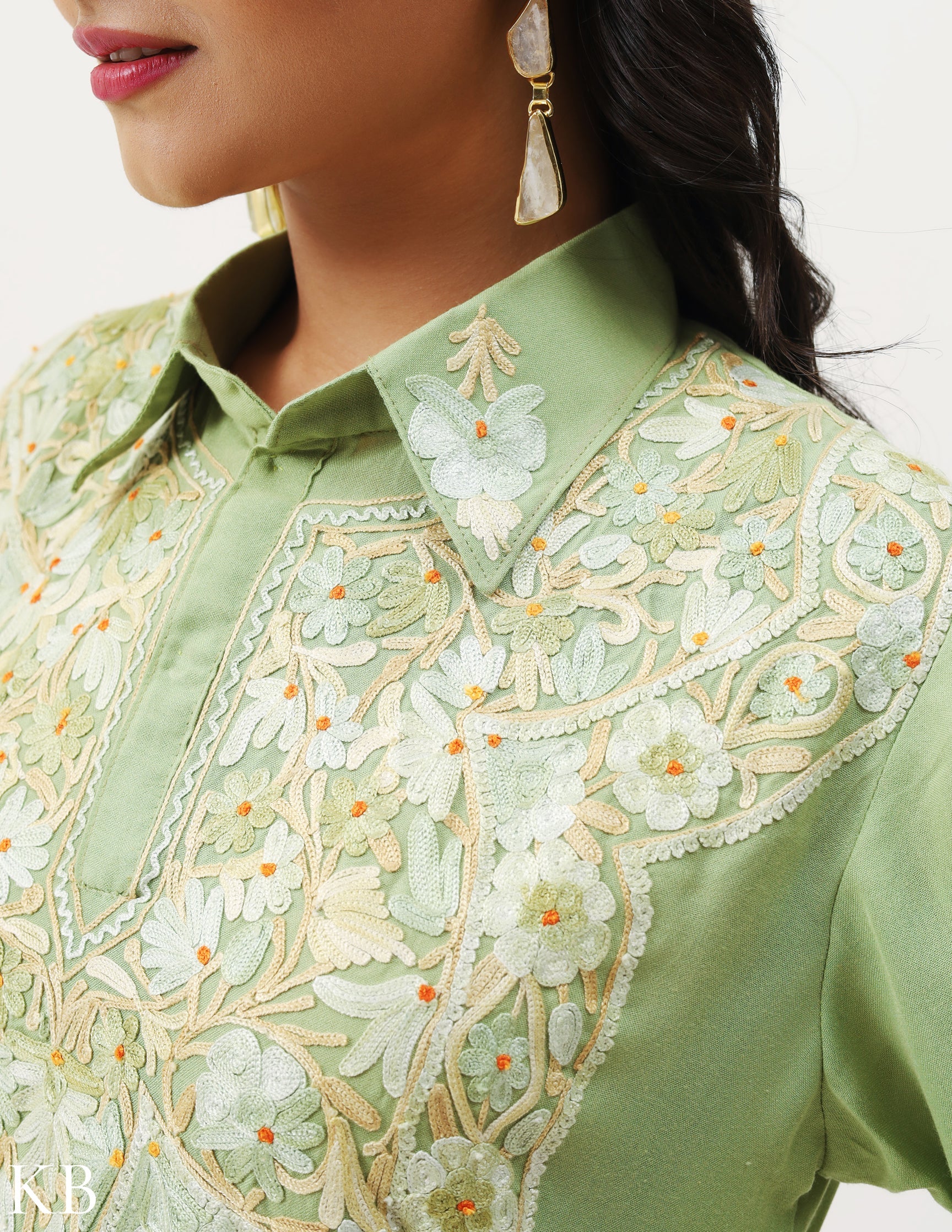 Soft Green Aari Work Cotton Co-ord Set - Kashmir Box