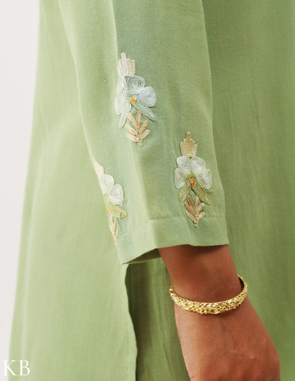 Soft Green Aari Work Cotton Co-ord Set - Kashmir Box