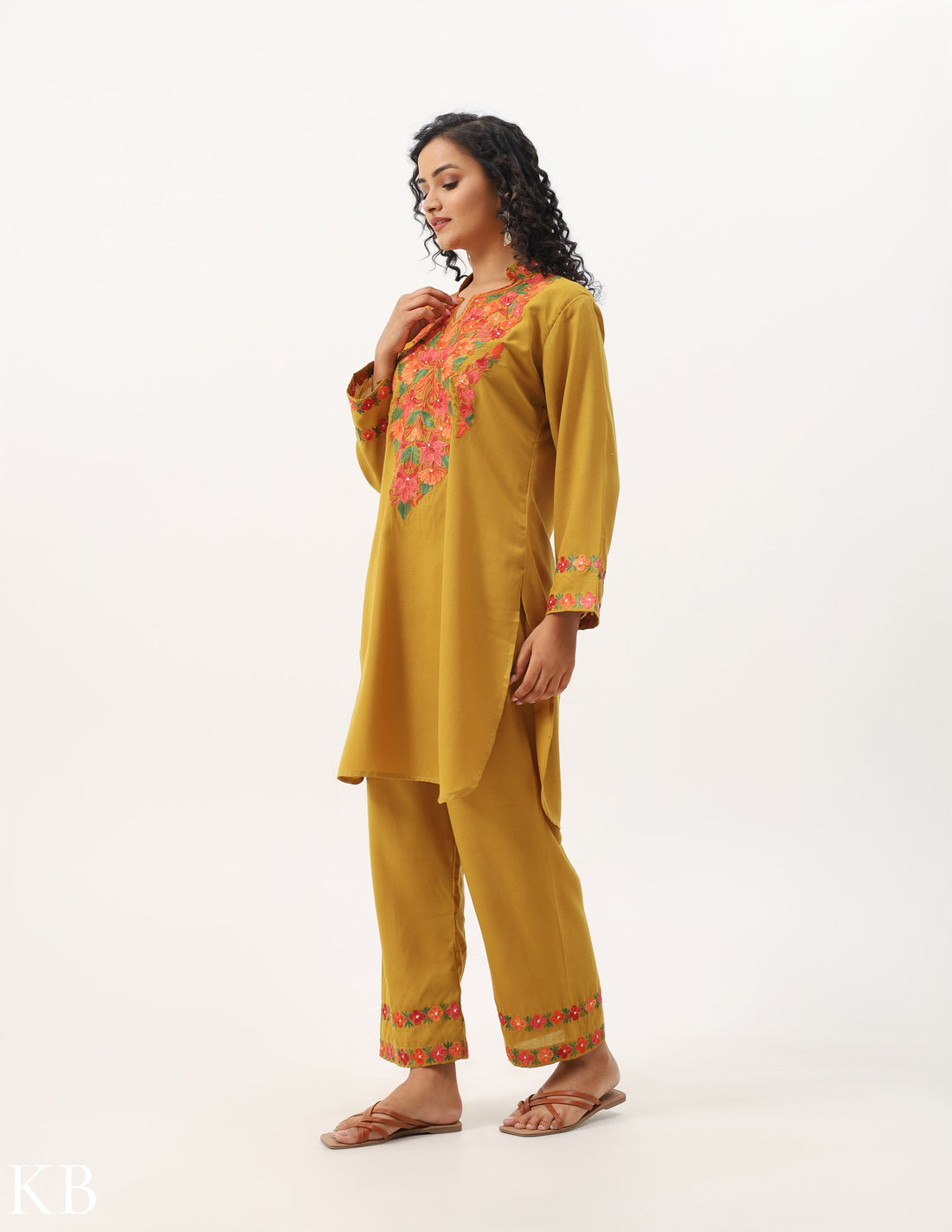 Mustard Yellow Cotton Embroidered Co-ord Set - Kashmir Box