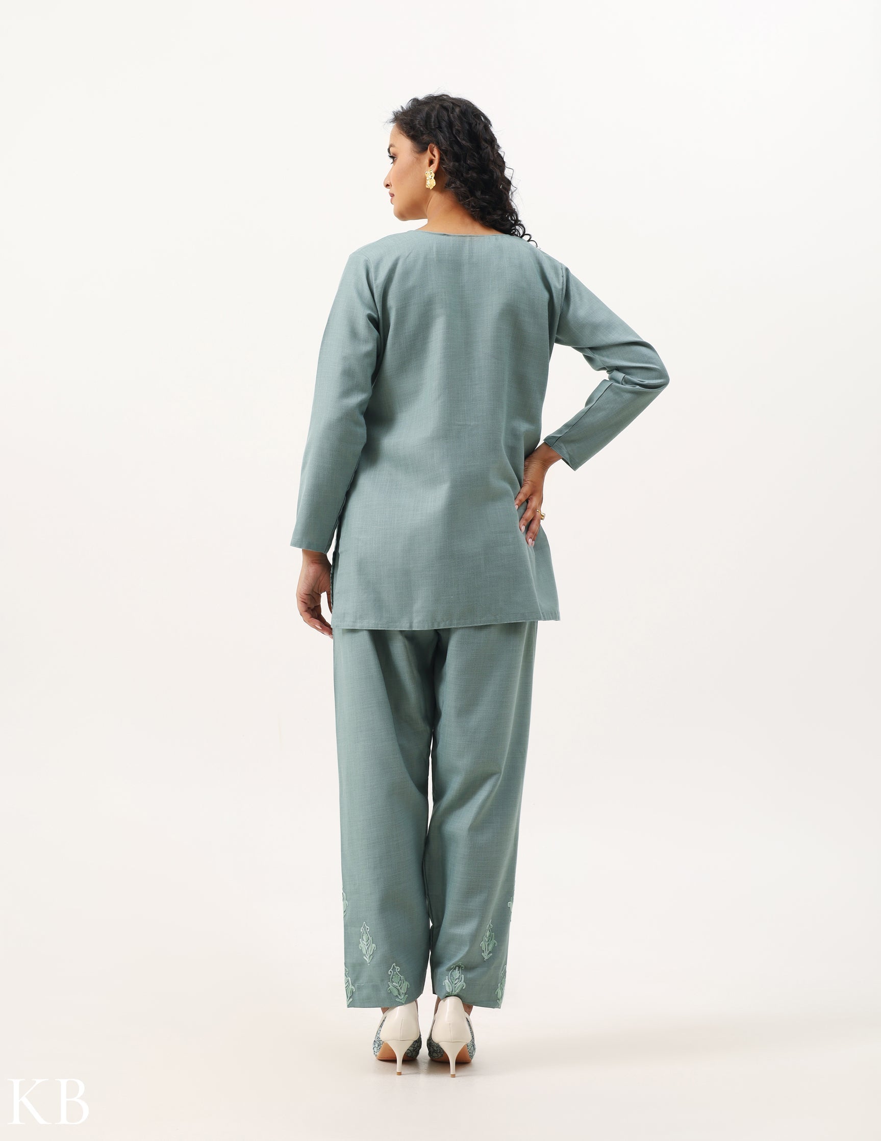 Coin Grey Cotton Aari Embroidered Co-ord Set - Kashmir Box