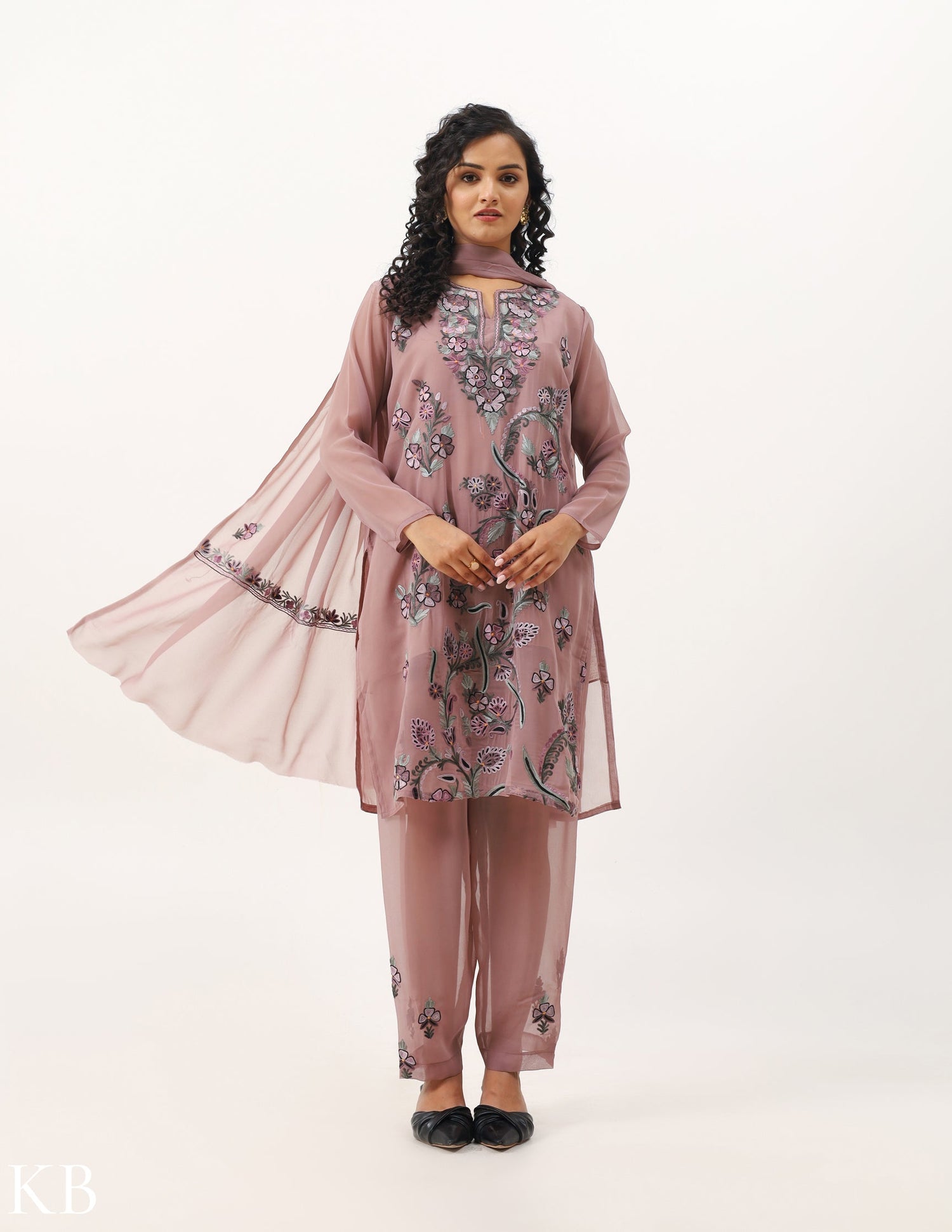 Rosy Brown Embroidered Three-piece Georgette  Suit - Kashmir Box