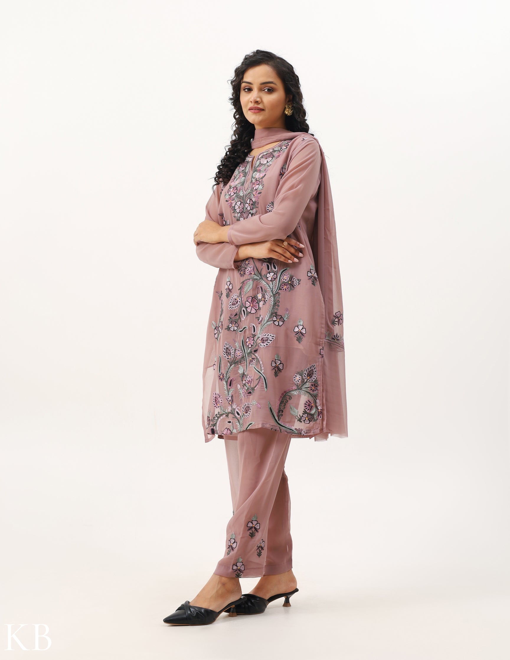 Rosy Brown Embroidered Three-piece Georgette  Suit - Kashmir Box