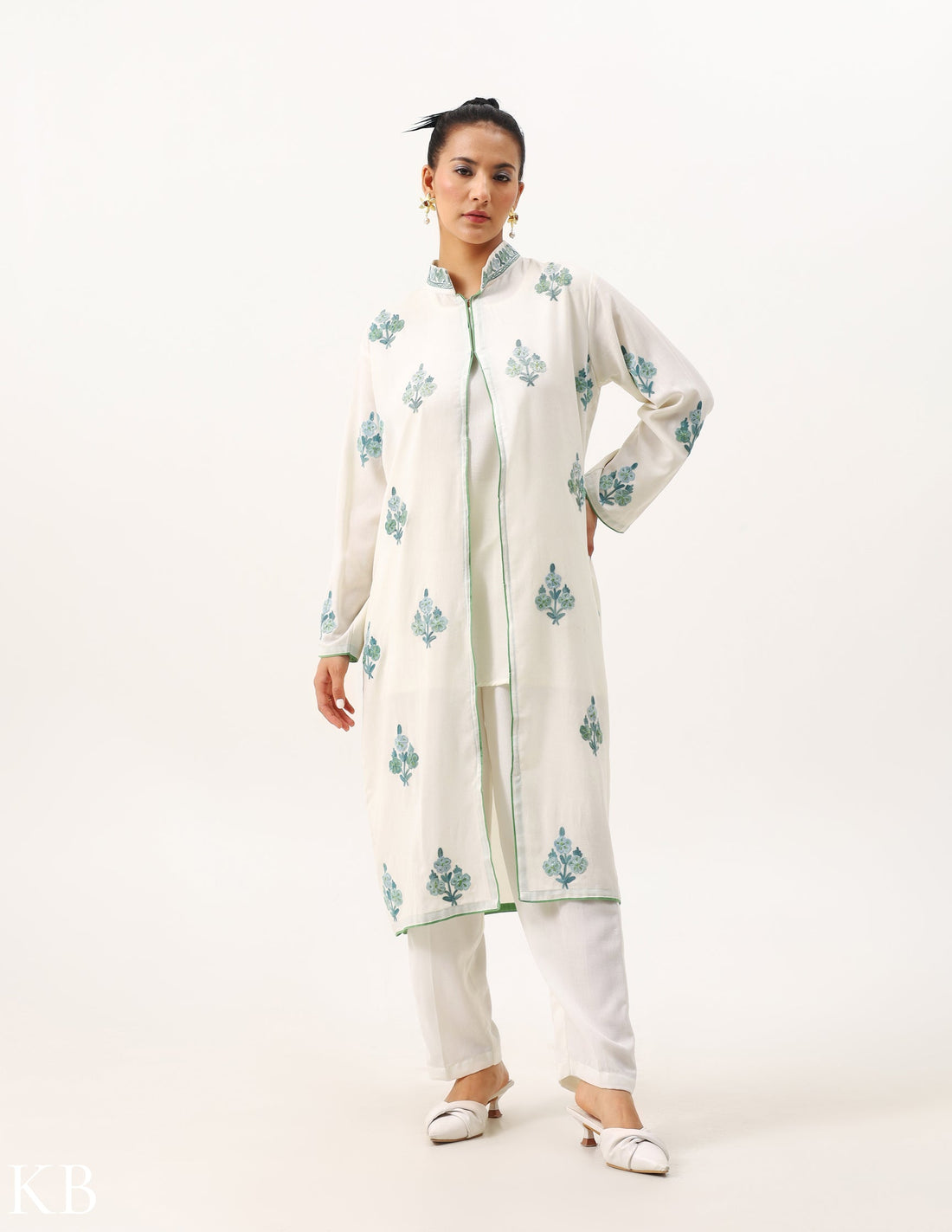 Creamy White Embroidered Jacket Co-ord Set - Kashmir Box