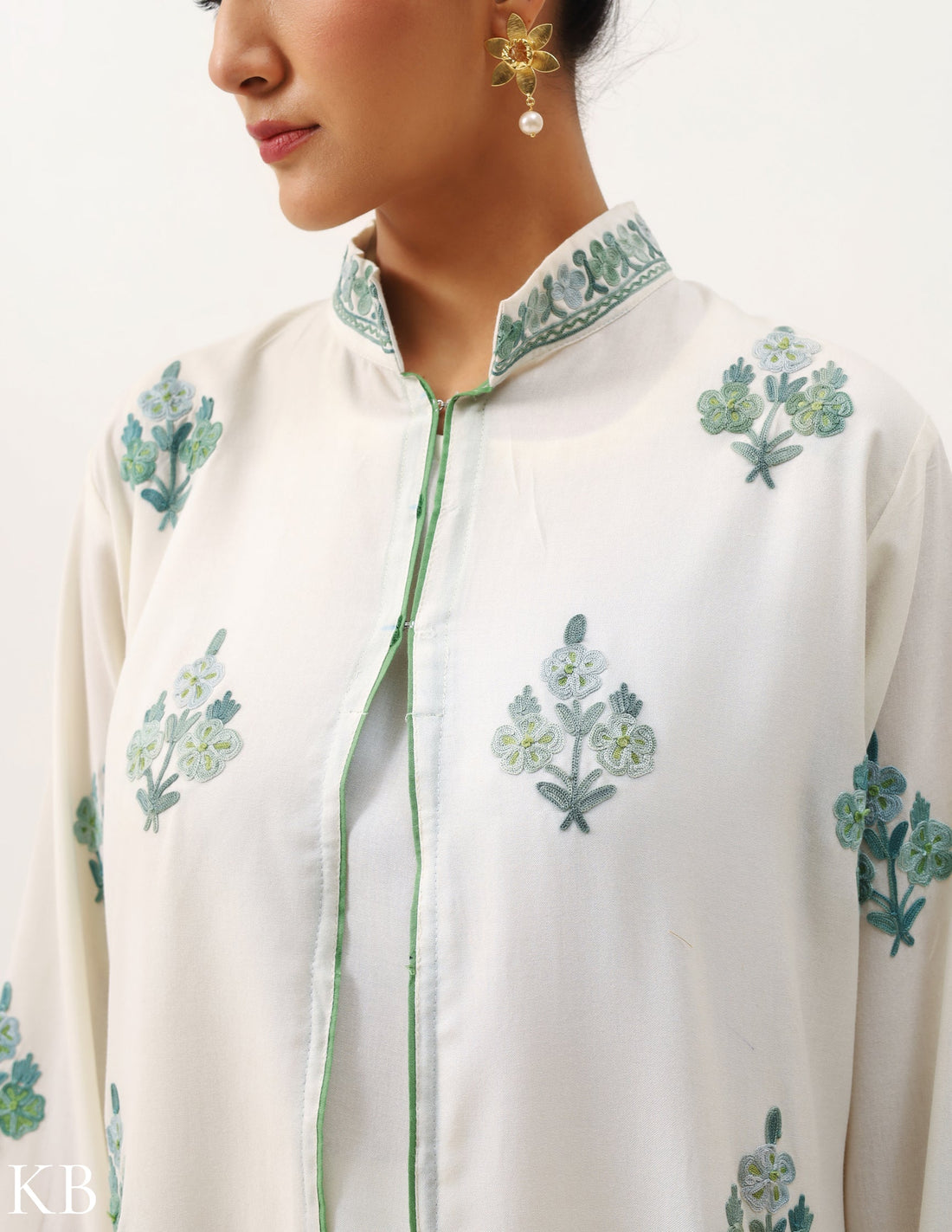 Creamy White Embroidered Jacket Co-ord Set - Kashmir Box