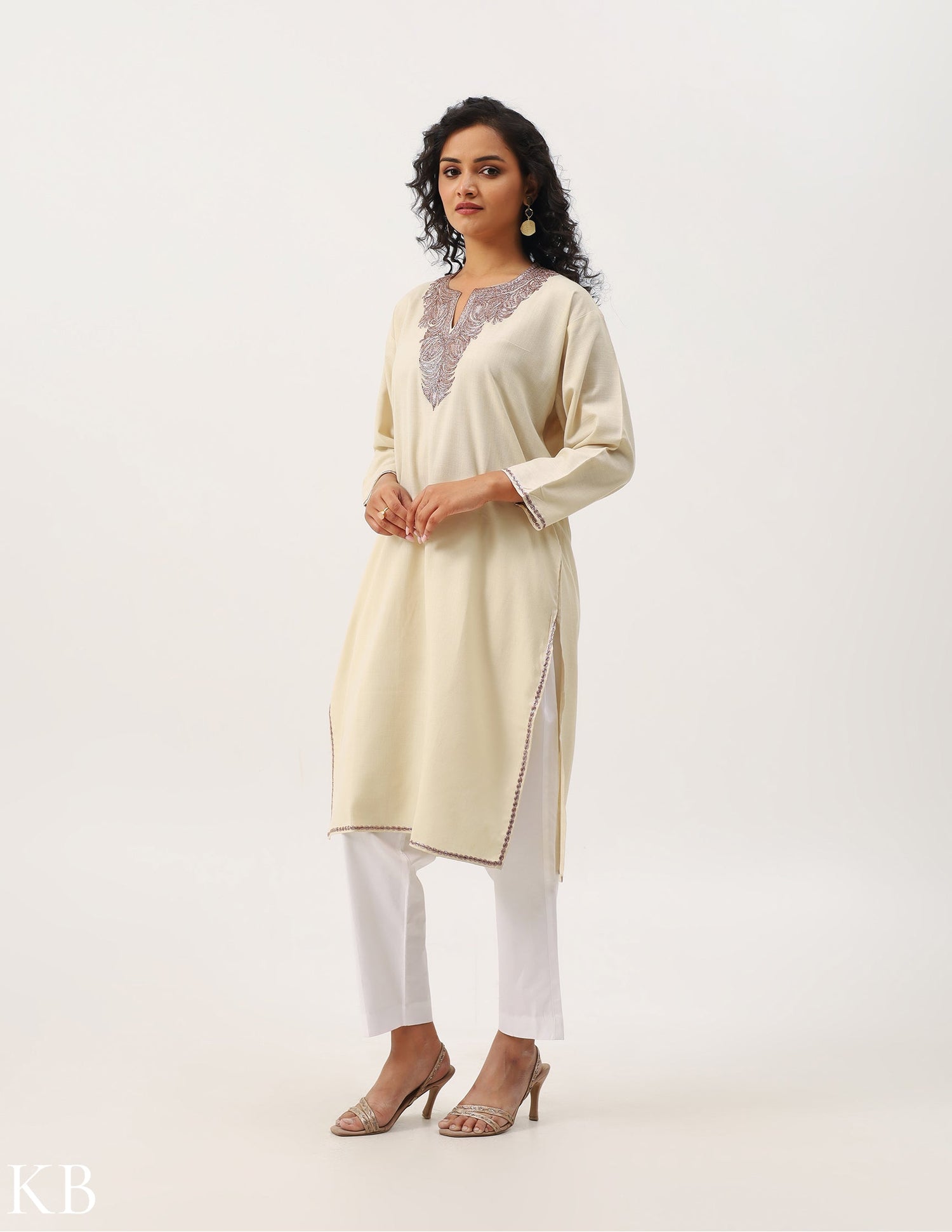 Cream Cotton Tilla Embroidered Kurti - Kashmir Box