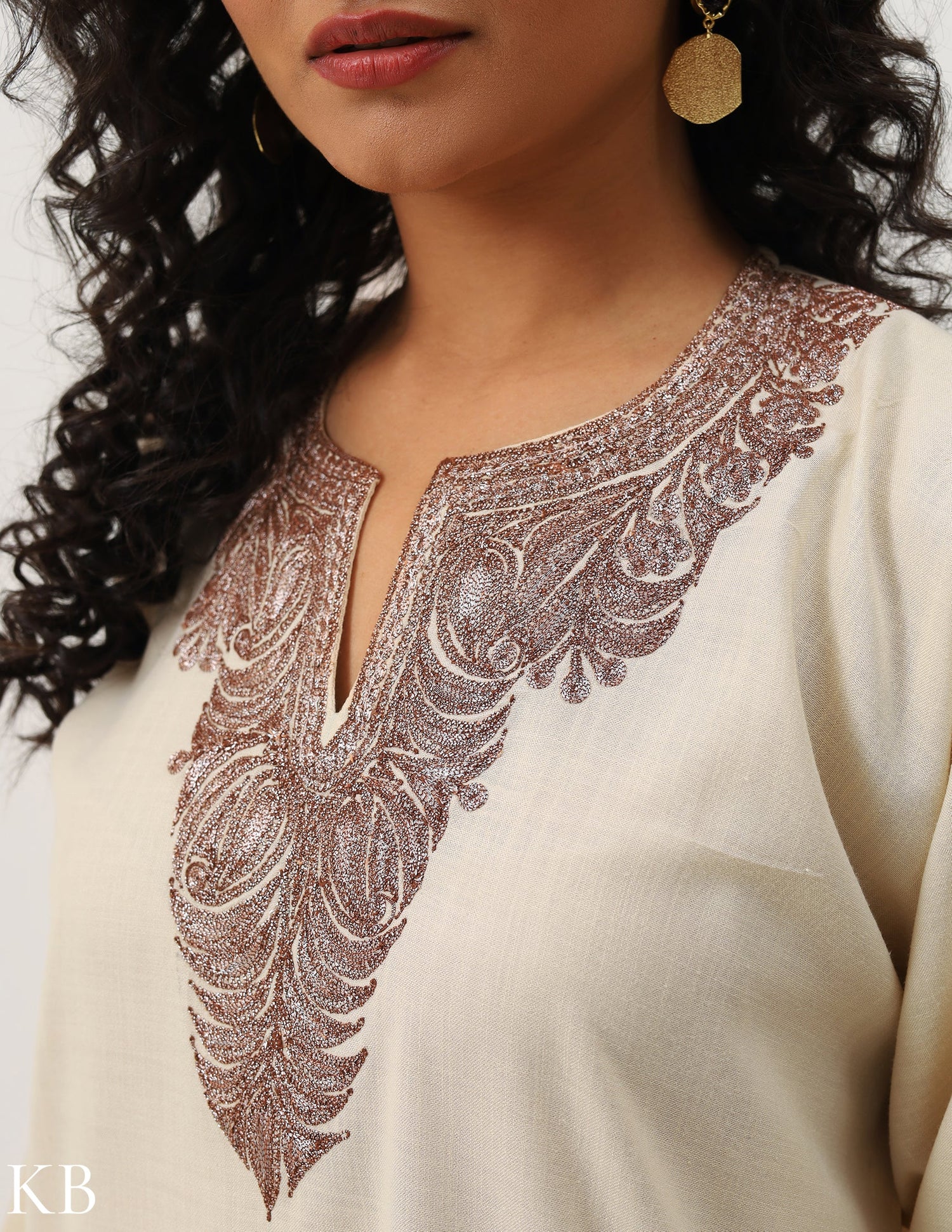 Cream Cotton Tilla Embroidered Kurti - Kashmir Box