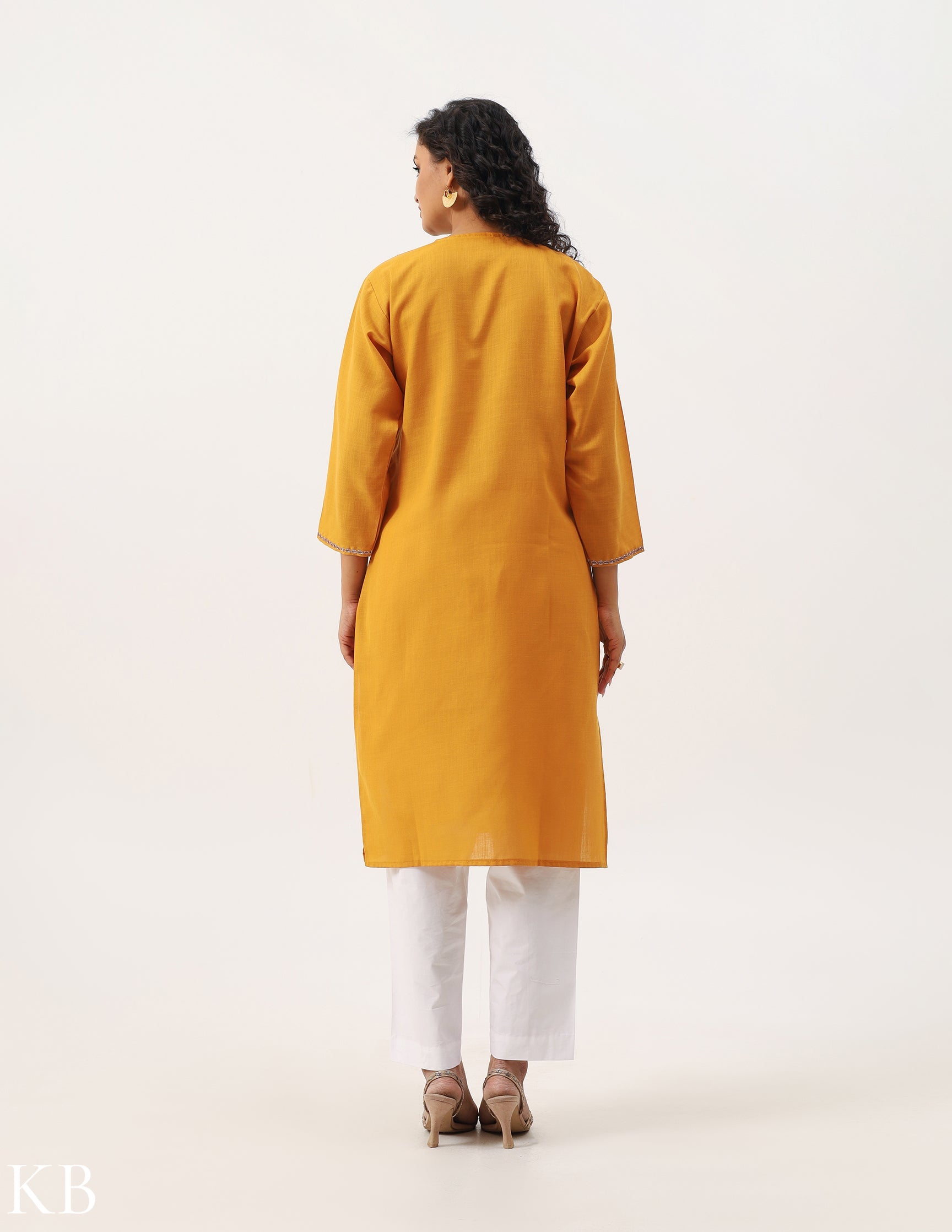 Mustard Yellow Tilla Embroidered Cotton Kurti - Kashmir Box