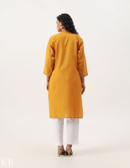 Mustard Yellow Tilla Embroidered Cotton Kurti - Kashmir Box