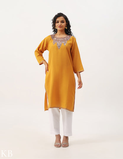 Mustard Yellow Tilla Embroidered Cotton Kurti - Kashmir Box