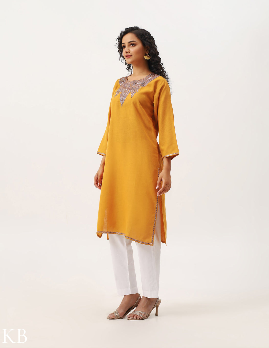 Mustard Yellow Tilla Embroidered Cotton Kurti - Kashmir Box