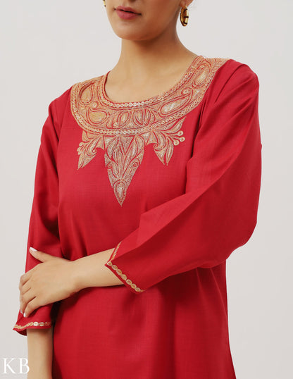 Crimson Red Cotton Tilla Embellished Kurti - Kashmir Box