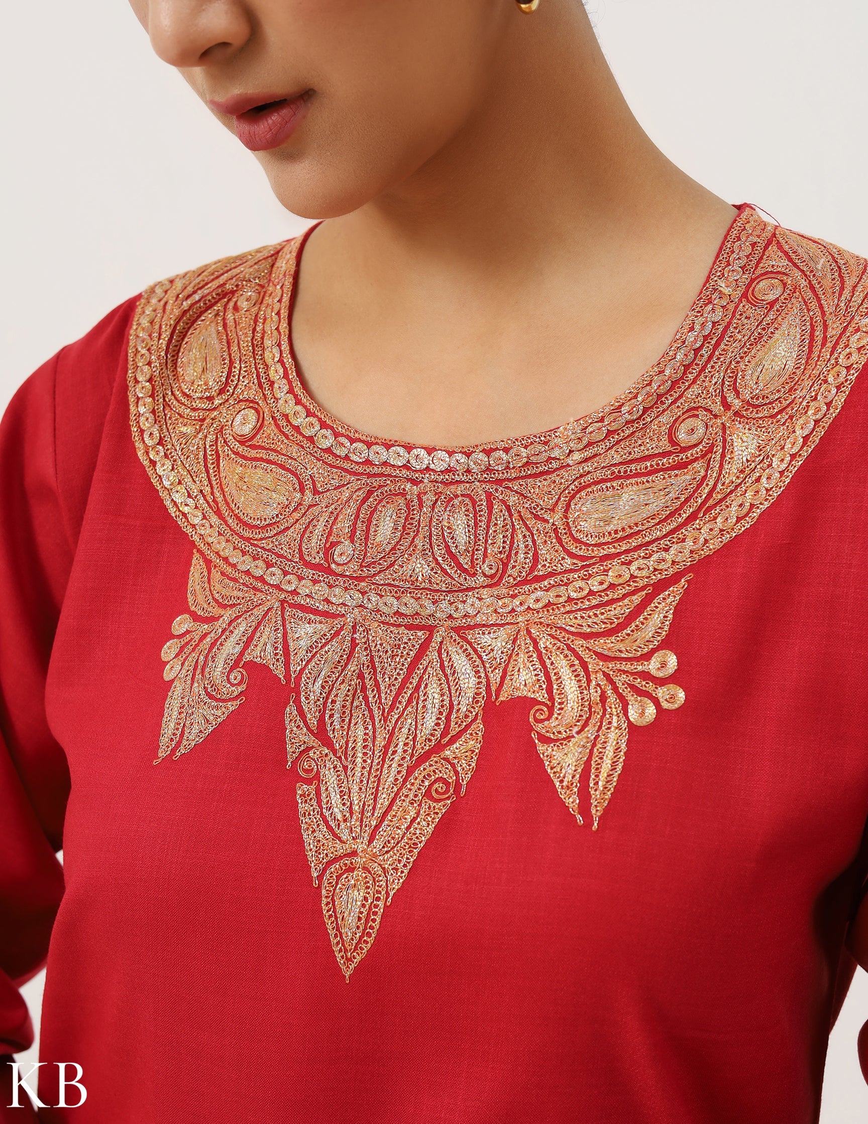 Crimson Red Cotton Tilla Embellished Kurti - Kashmir Box