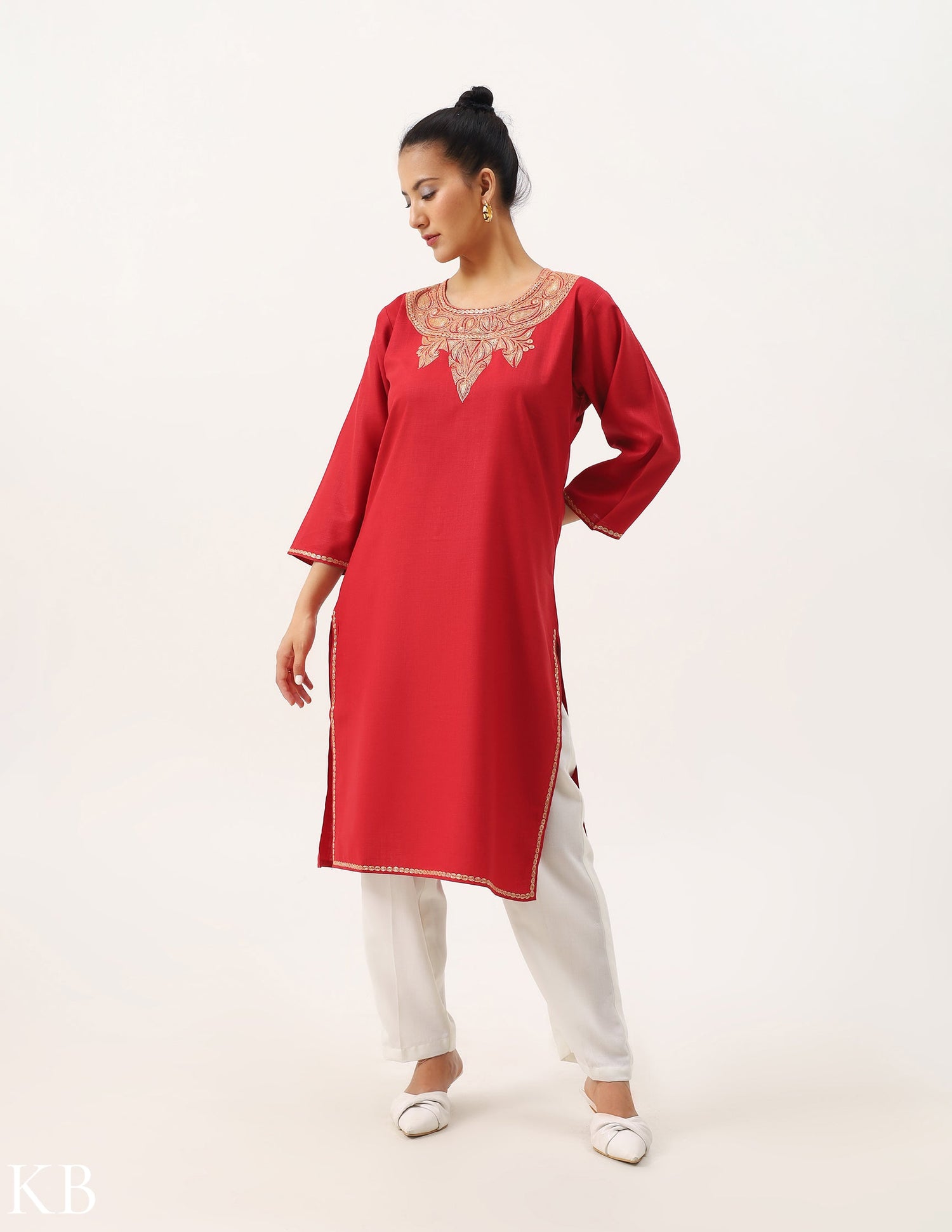 Crimson Red Cotton Tilla Embellished Kurti - Kashmir Box