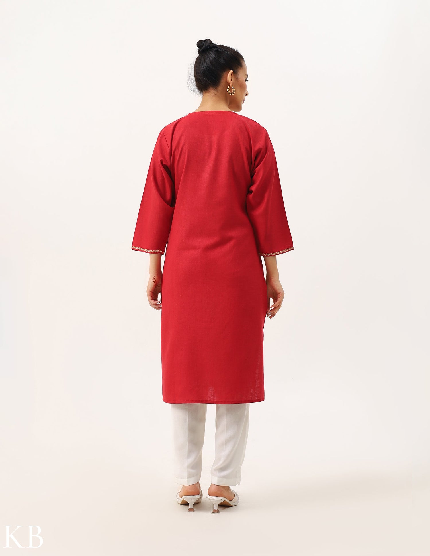 Crimson Red Cotton Tilla Embellished Kurti - Kashmir Box