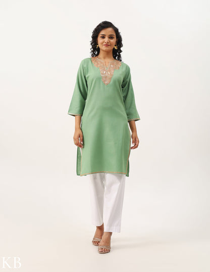 Seafoam Green Tilla Embroidered Cotton Kurti - Kashmir Box