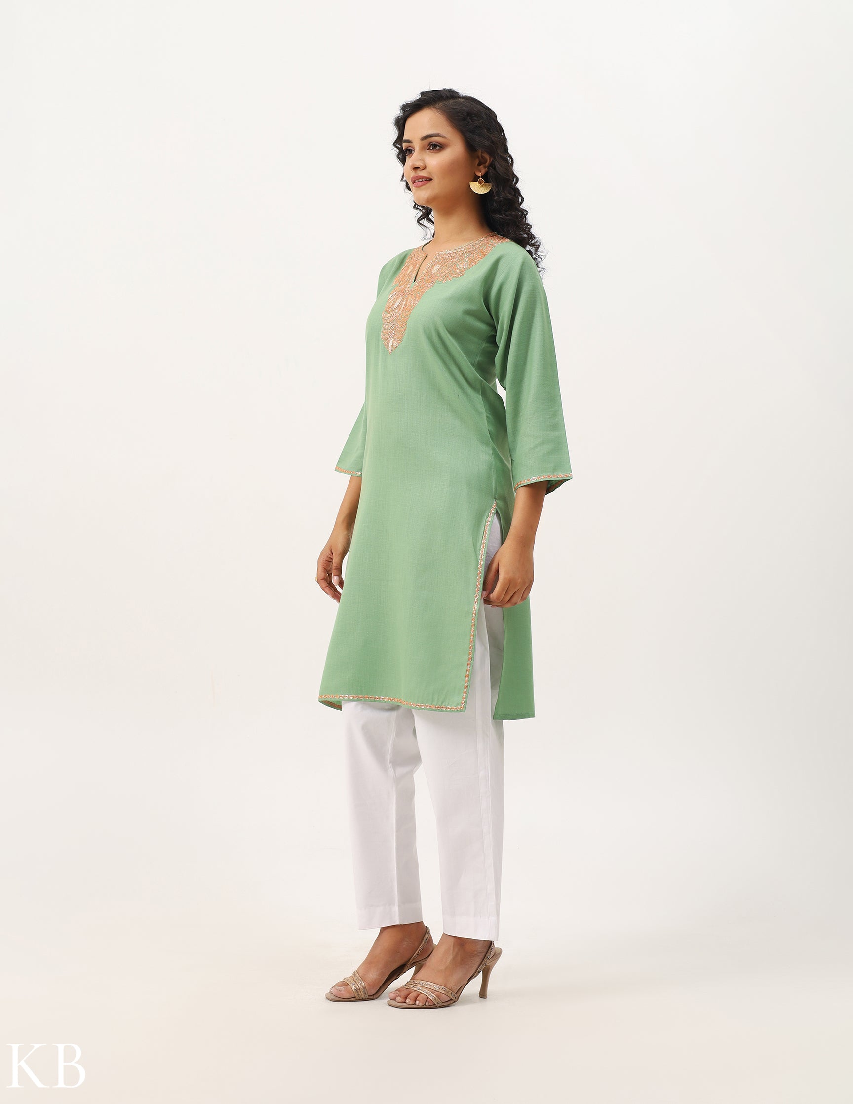 Seafoam Green Tilla Embroidered Cotton Kurti - Kashmir Box