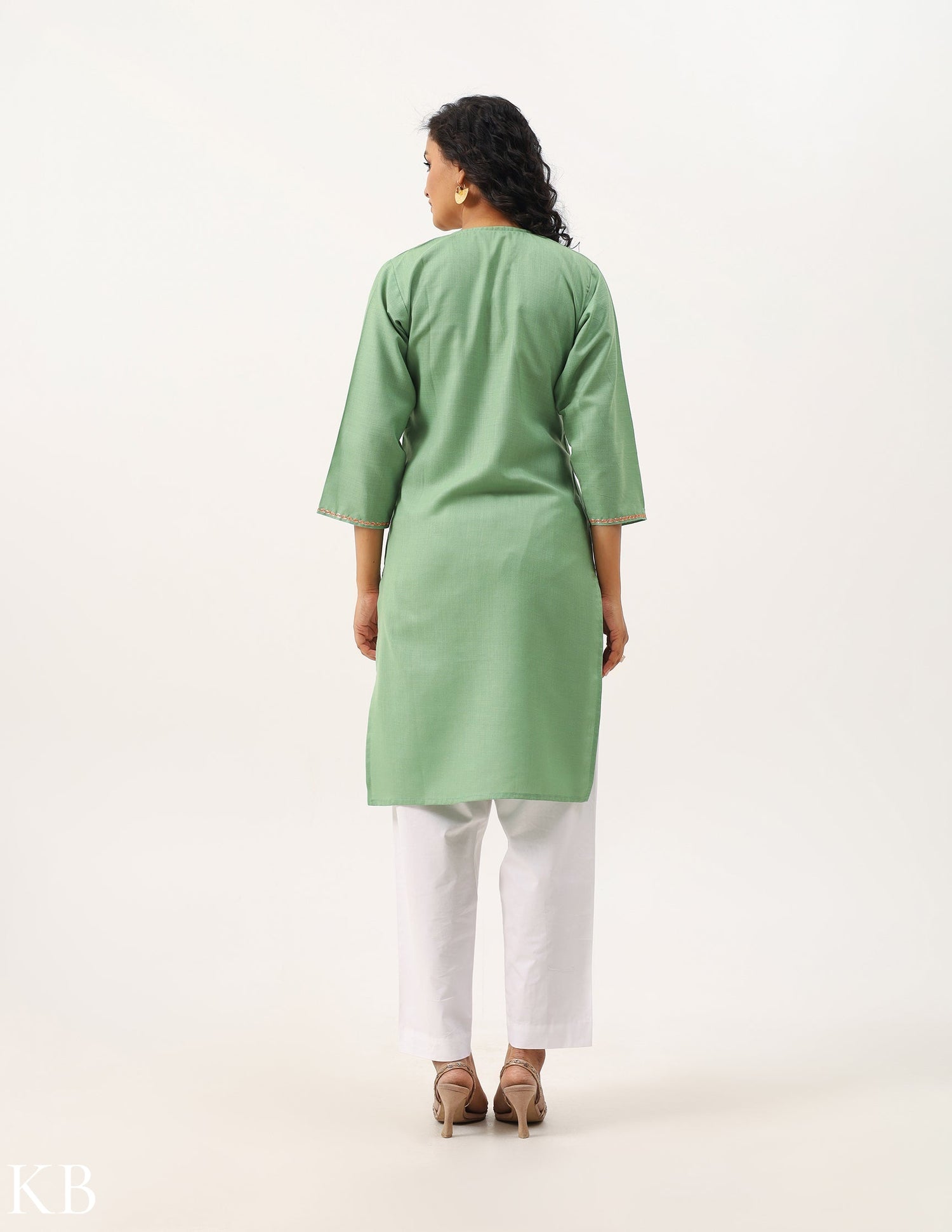 Seafoam Green Tilla Embroidered Cotton Kurti - Kashmir Box