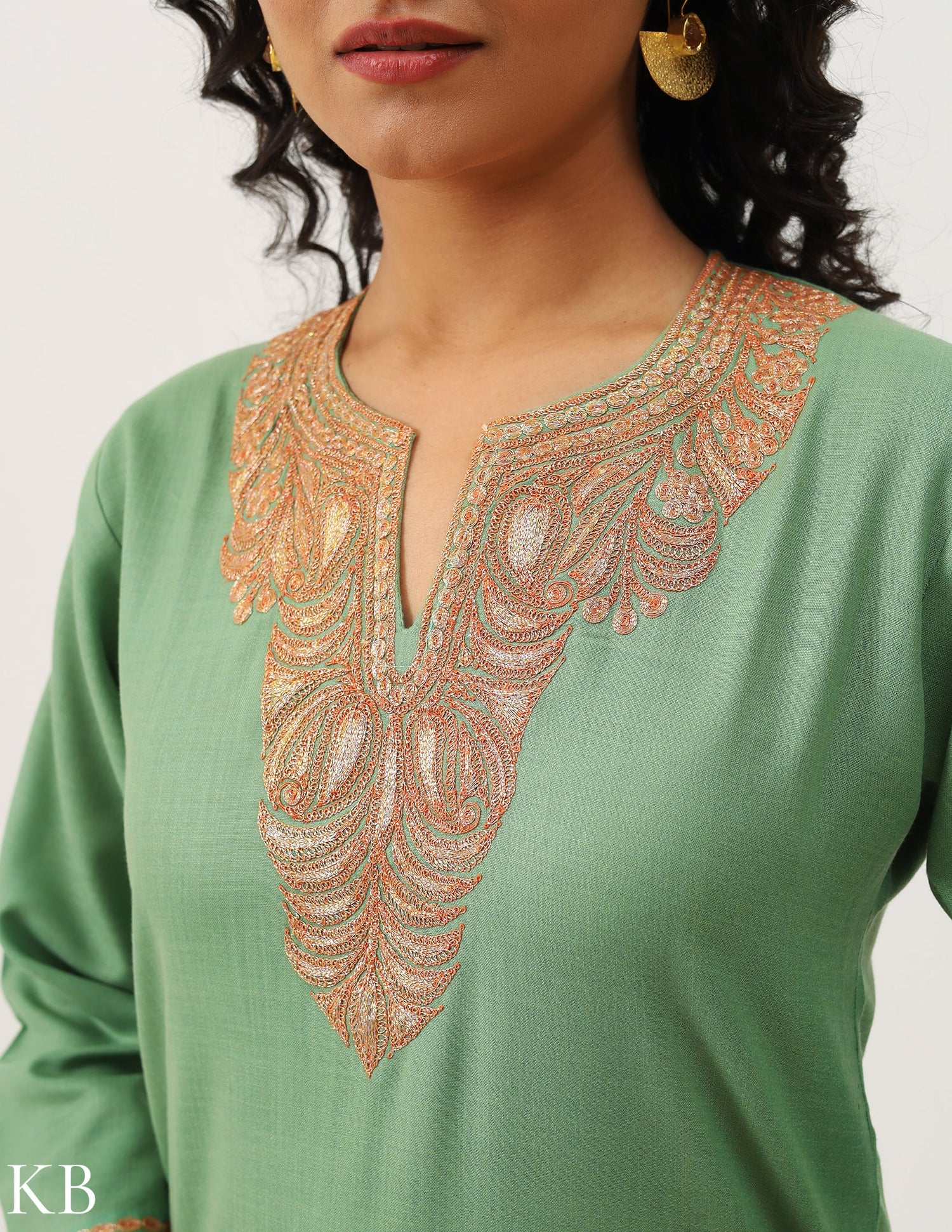 Seafoam Green Tilla Embroidered Cotton Kurti - Kashmir Box