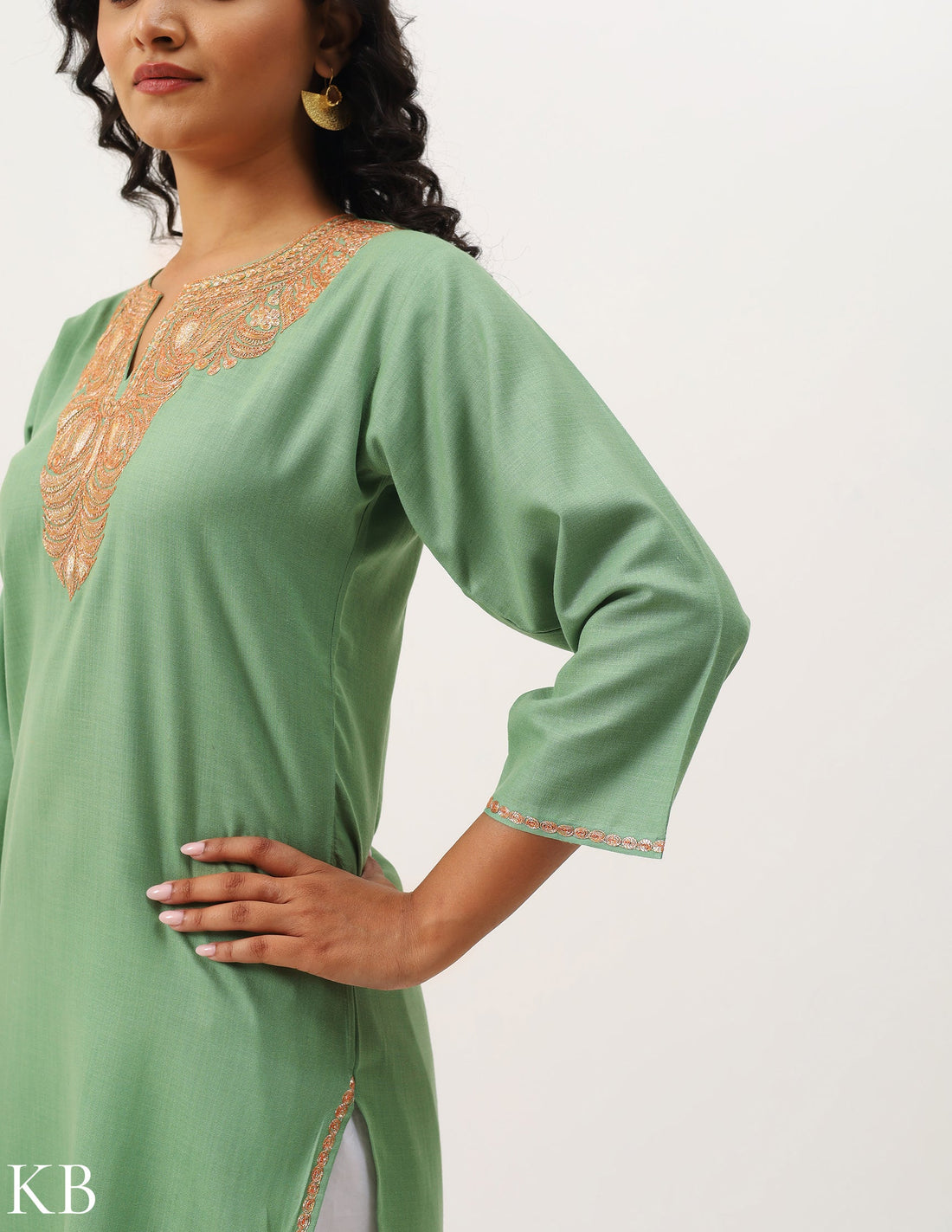 Seafoam Green Tilla Embroidered Cotton Kurti - Kashmir Box