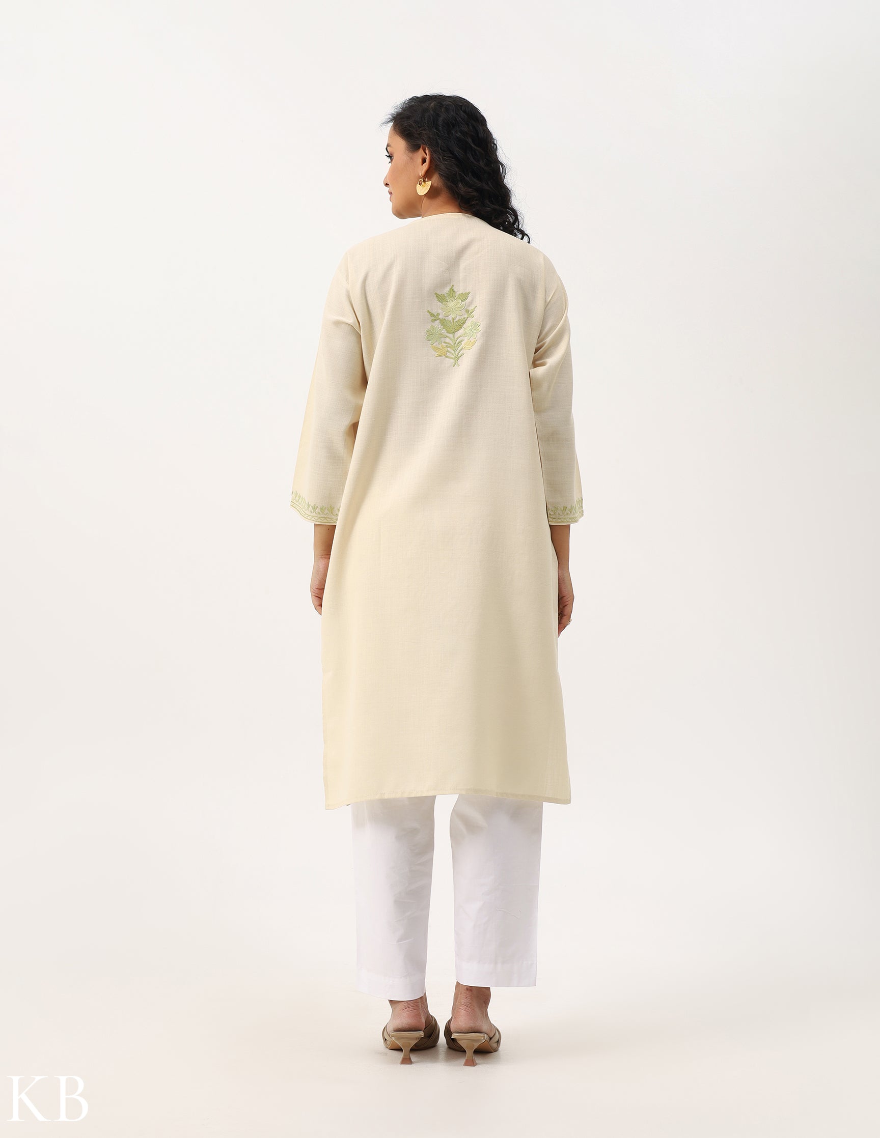 Floral Green-toned Embroidered Cream Cotton Kurti - Kashmir Box