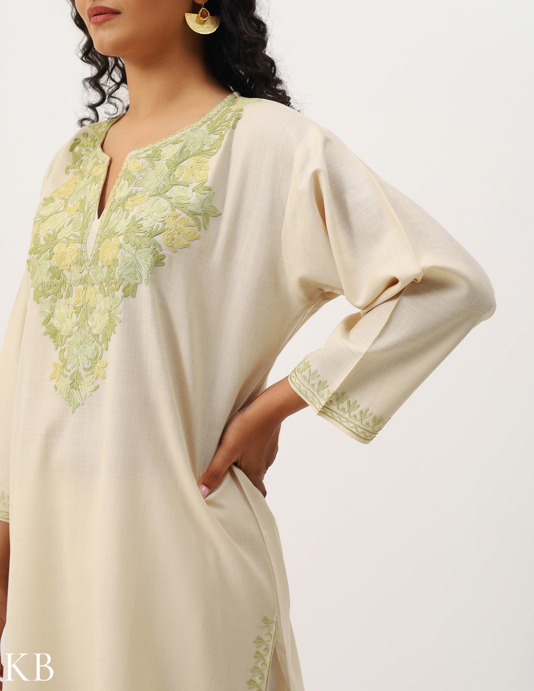 Floral Green-toned Embroidered Cream Cotton Kurti - Kashmir Box