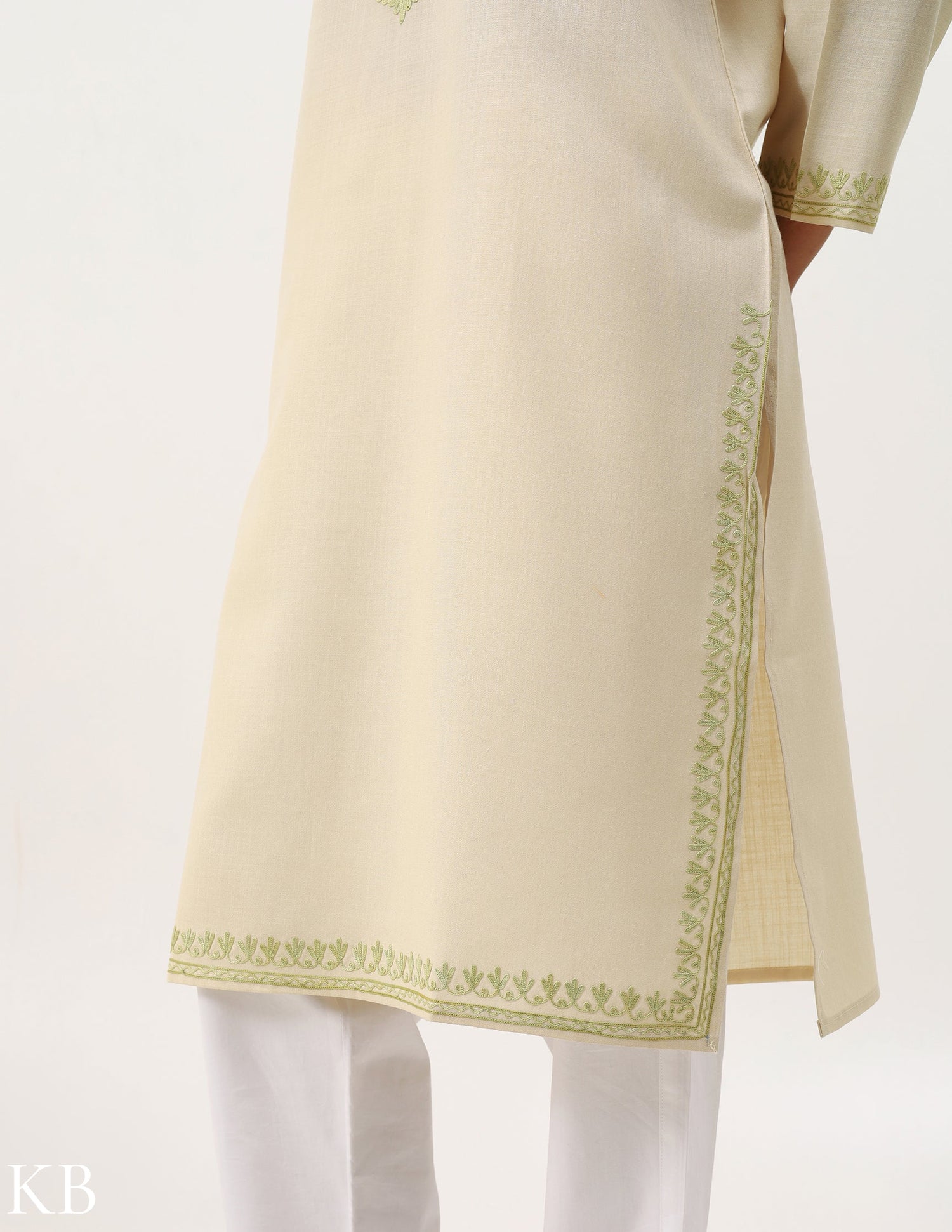 Floral Green-toned Embroidered Cream Cotton Kurti - Kashmir Box