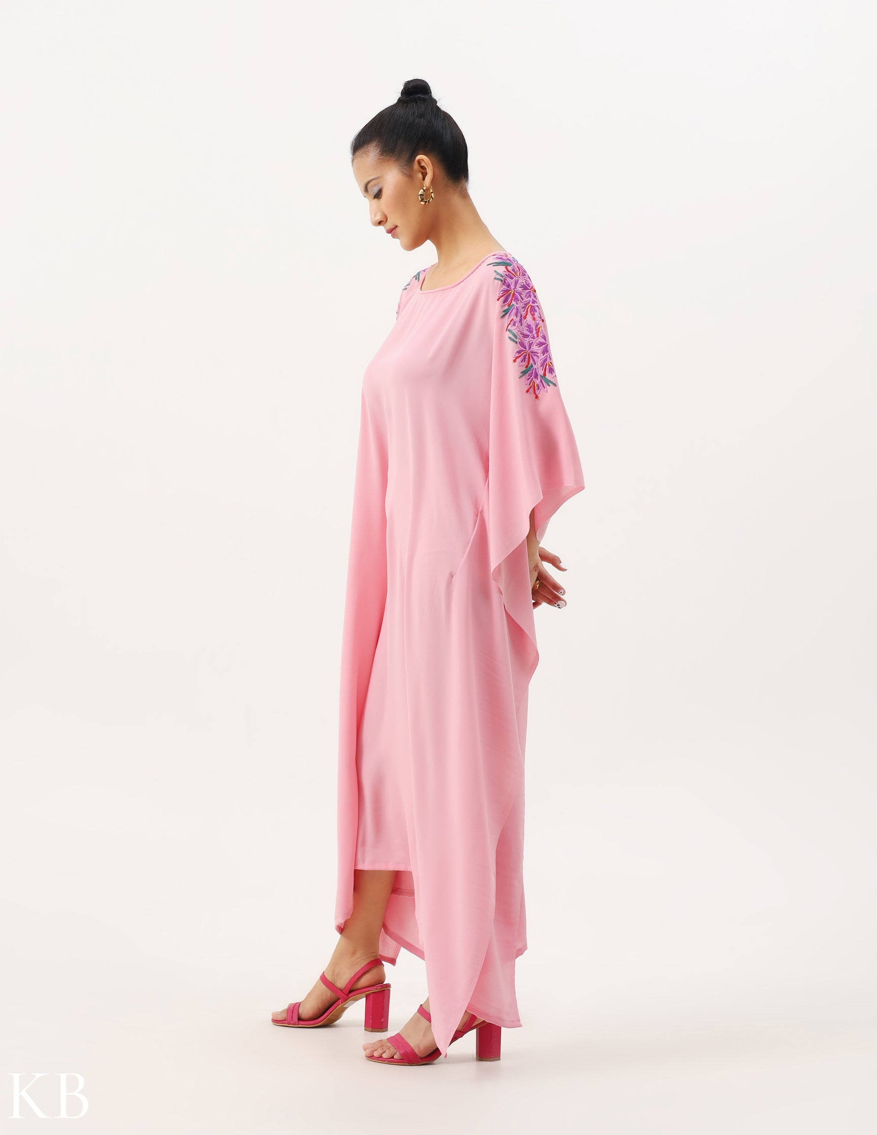 Azafran Hand Embroidered Pastel Rosy Pink Crepe Kaftan - Kashmir Box