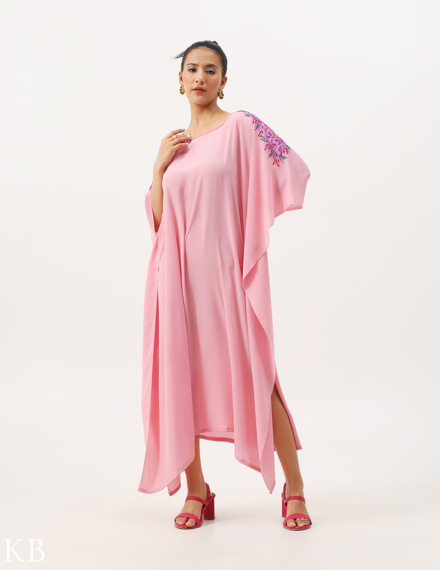 Azafran Hand Embroidered Pastel Rosy Pink Crepe Kaftan - Kashmir Box