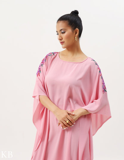 Azafran Hand Embroidered Pastel Rosy Pink Crepe Kaftan - Kashmir Box