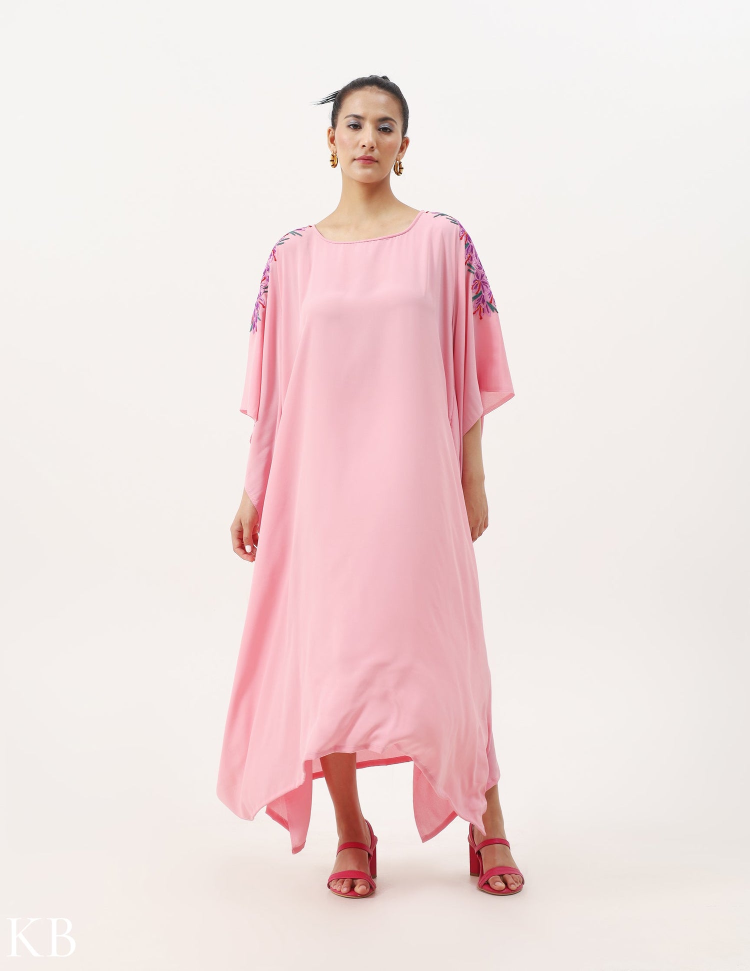 Azafran Hand Embroidered Pastel Rosy Pink Crepe Kaftan - Kashmir Box