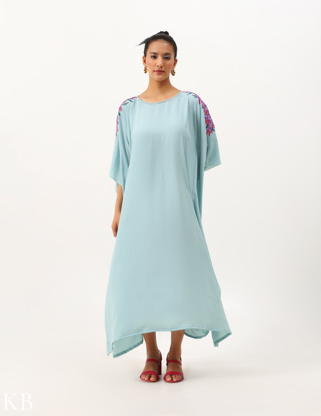 Azafran Hand Embroidered Vintage Cyan Blue Crepe Kaftan - Kashmir Box