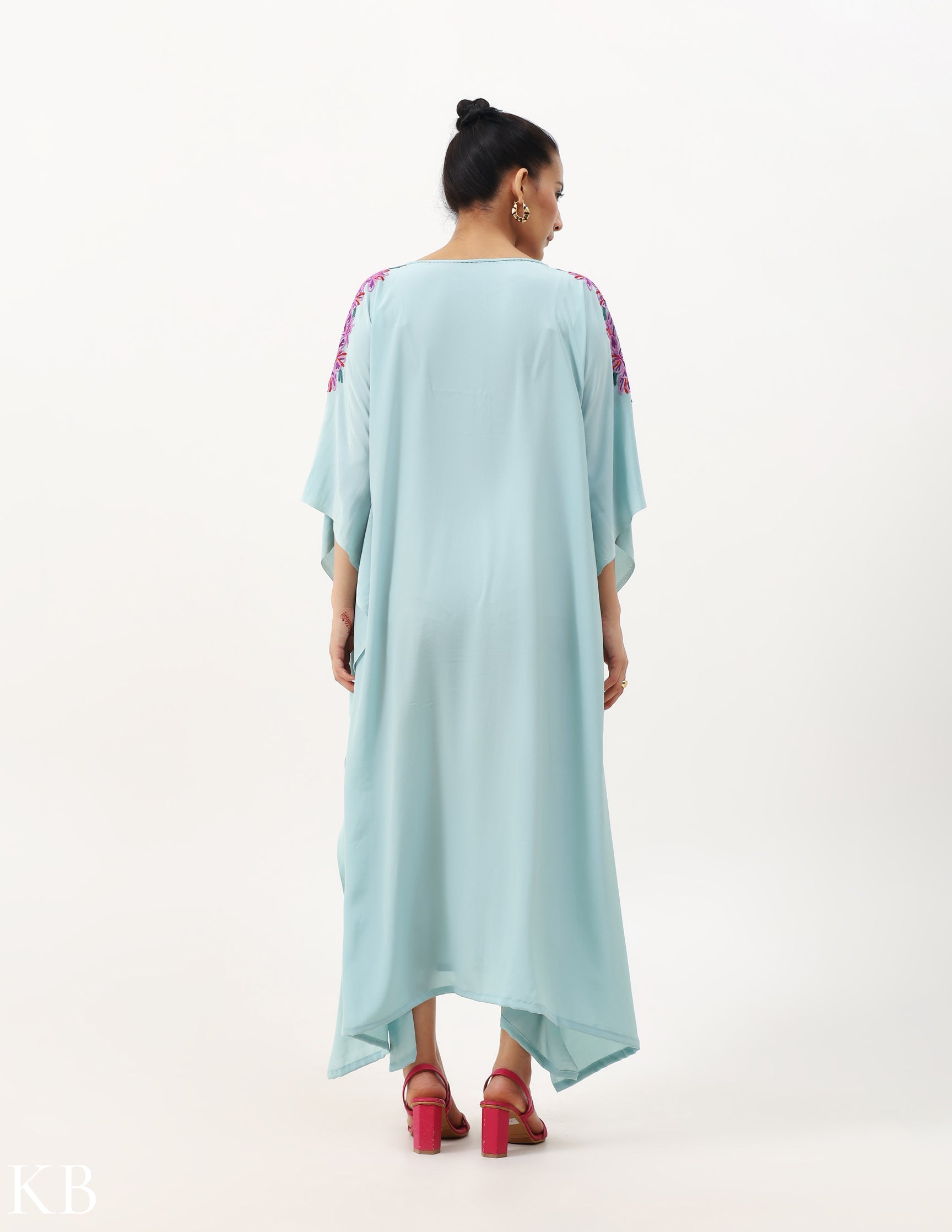 Azafran Hand Embroidered Vintage Cyan Blue Crepe Kaftan - Kashmir Box