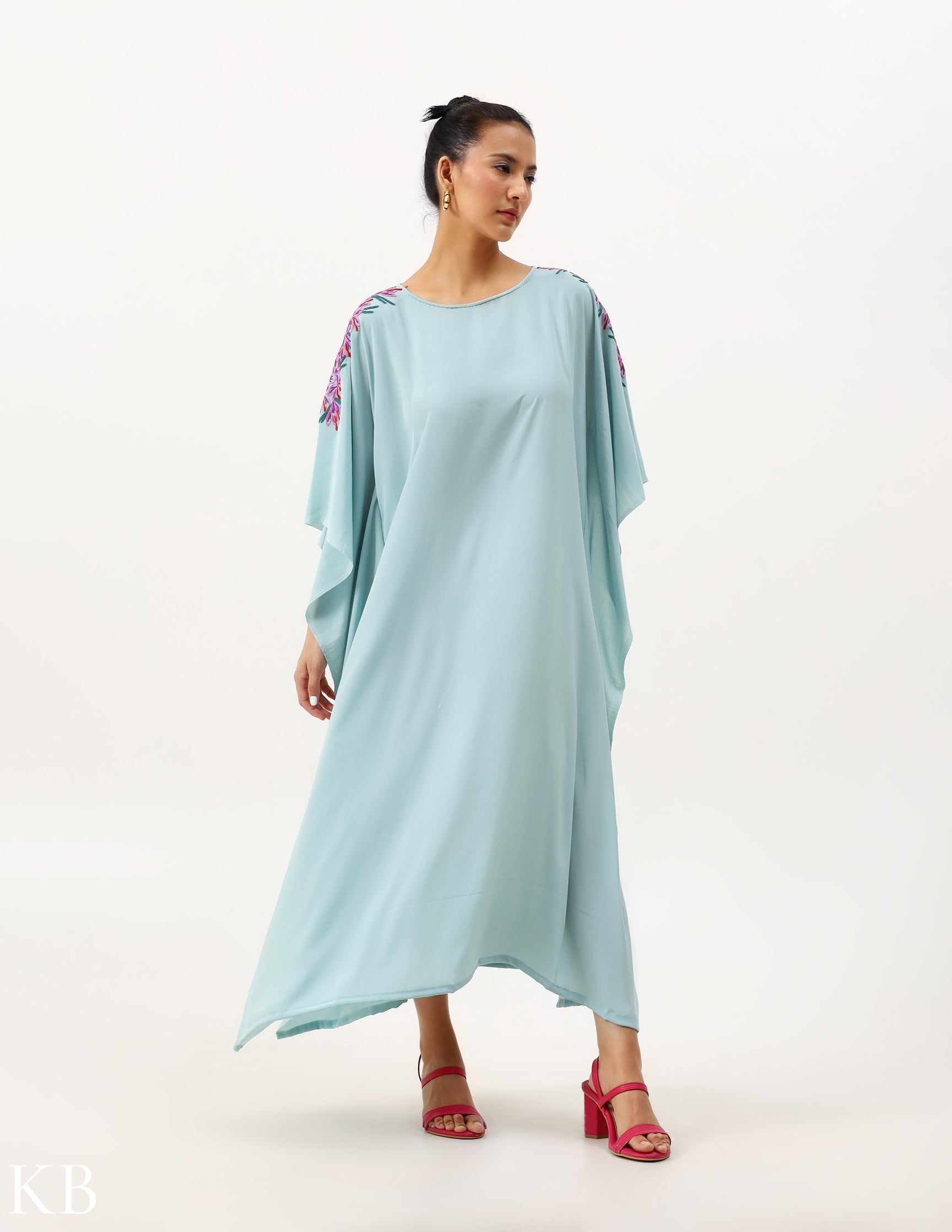 Azafran Hand Embroidered Vintage Cyan Blue Crepe Kaftan - Kashmir Box