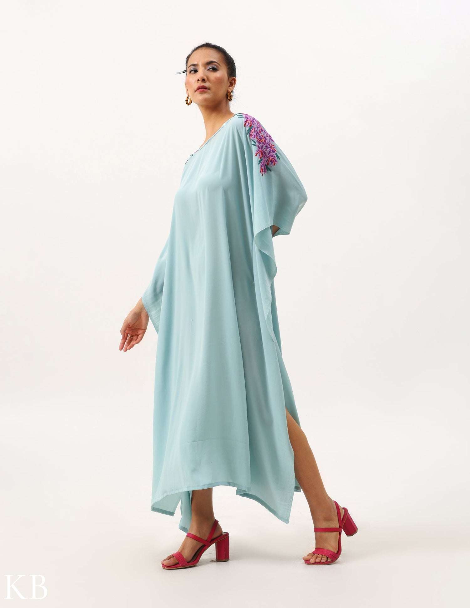 Azafran Hand Embroidered Vintage Cyan Blue Crepe Kaftan - Kashmir Box