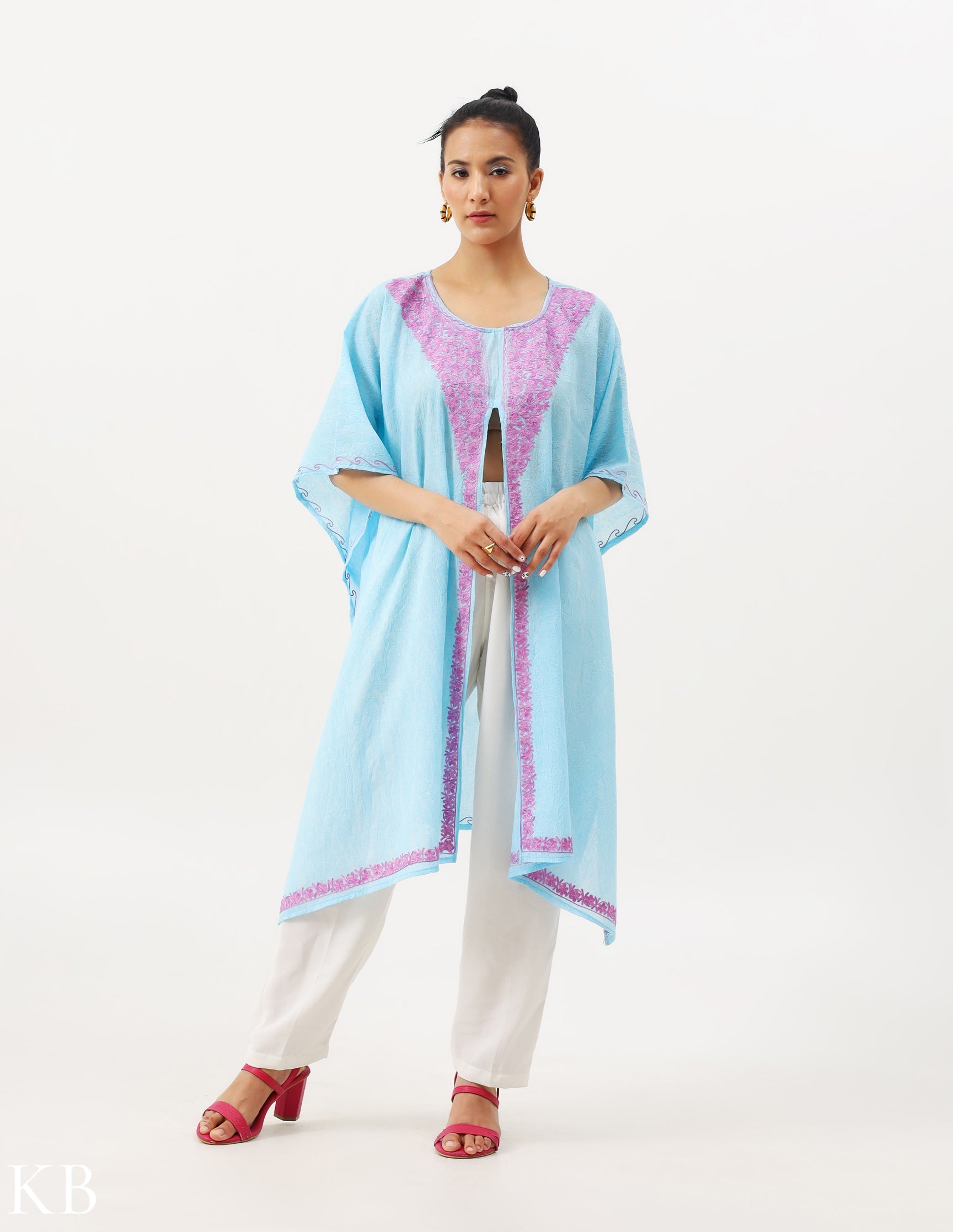 Soft Blue Aari Embellished Cotton Kaftan - Kashmir Box