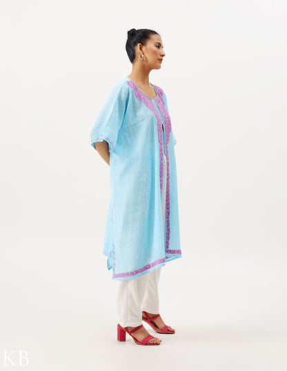 Soft Blue Aari Embellished Cotton Kaftan - Kashmir Box