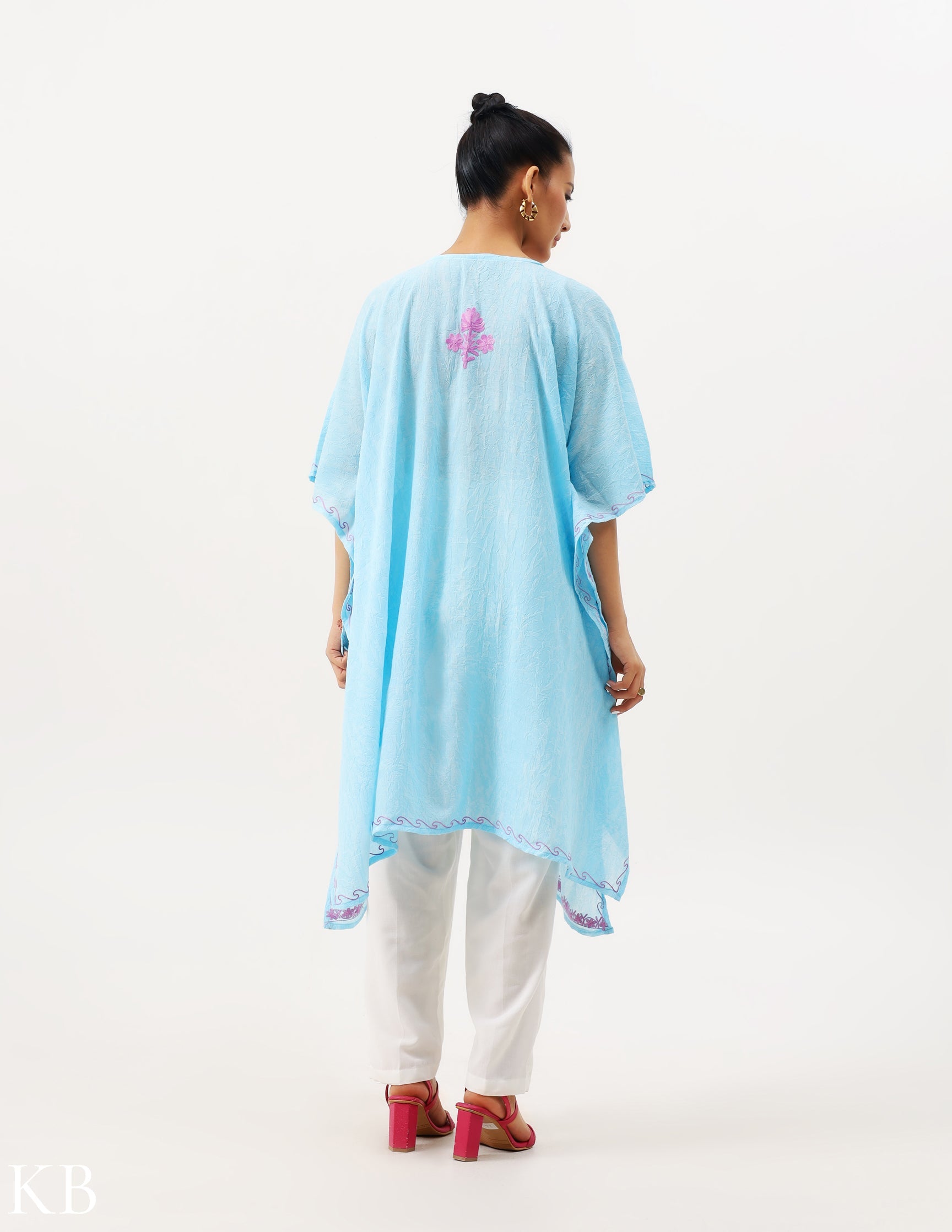 Soft Blue Aari Embellished Cotton Kaftan - Kashmir Box