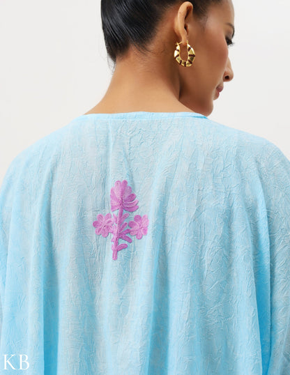 Soft Blue Aari Embellished Cotton Kaftan - Kashmir Box