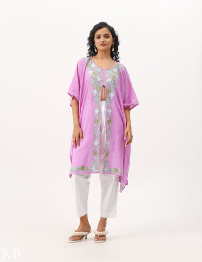 Orchid Pink Aari Embellished Cotton Kaftan - Kashmir Box