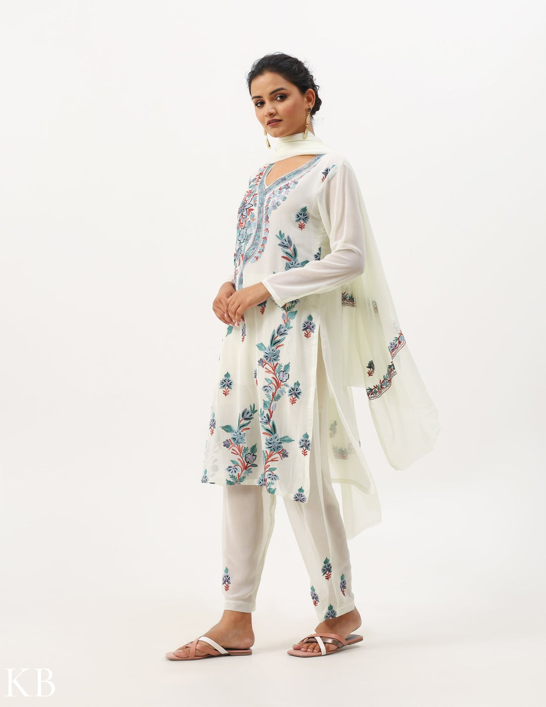 Creamy White Embroidered Three-Piece Georgette Suit - Kashmir Box