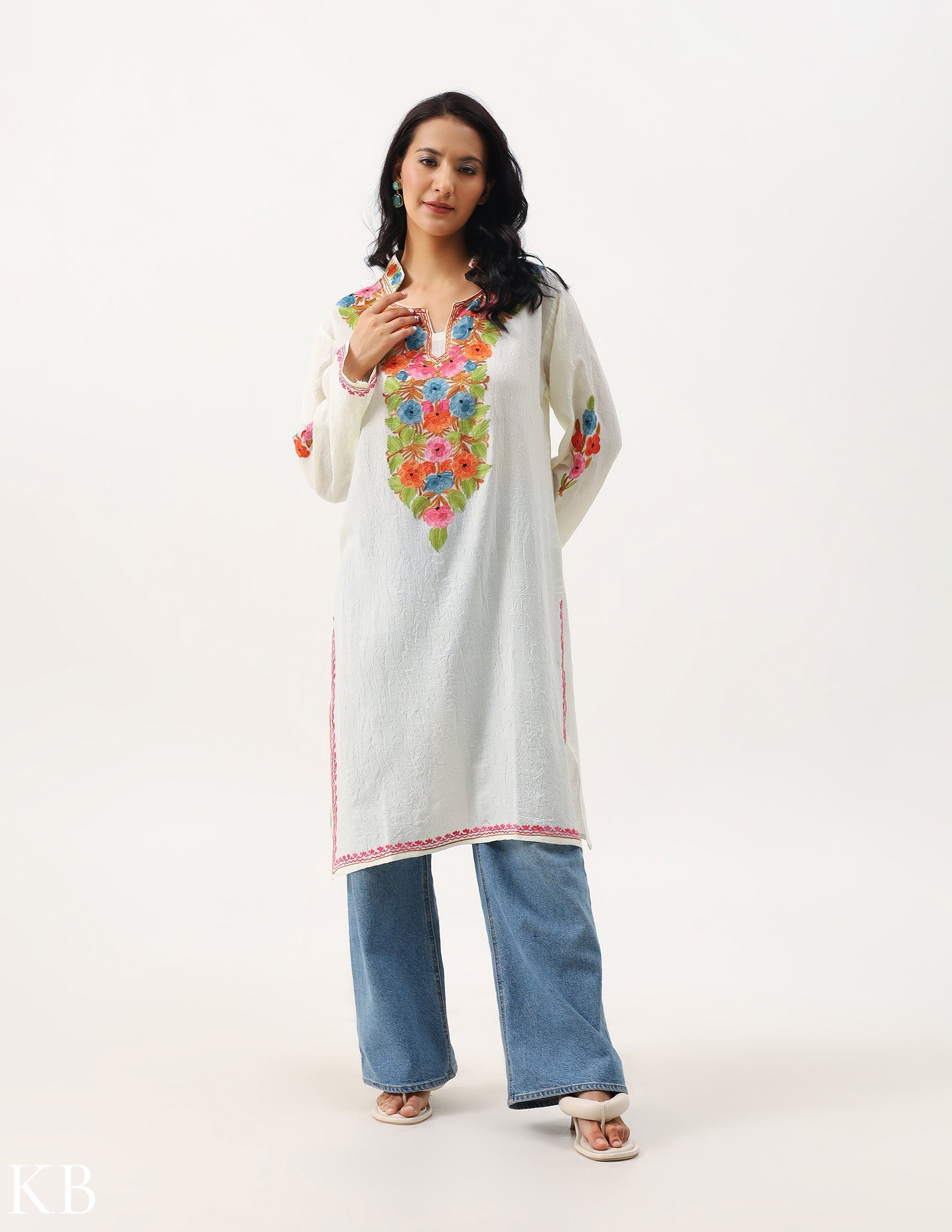 Off-White Floral Aari Work Cotton Kurti - Kashmir Box