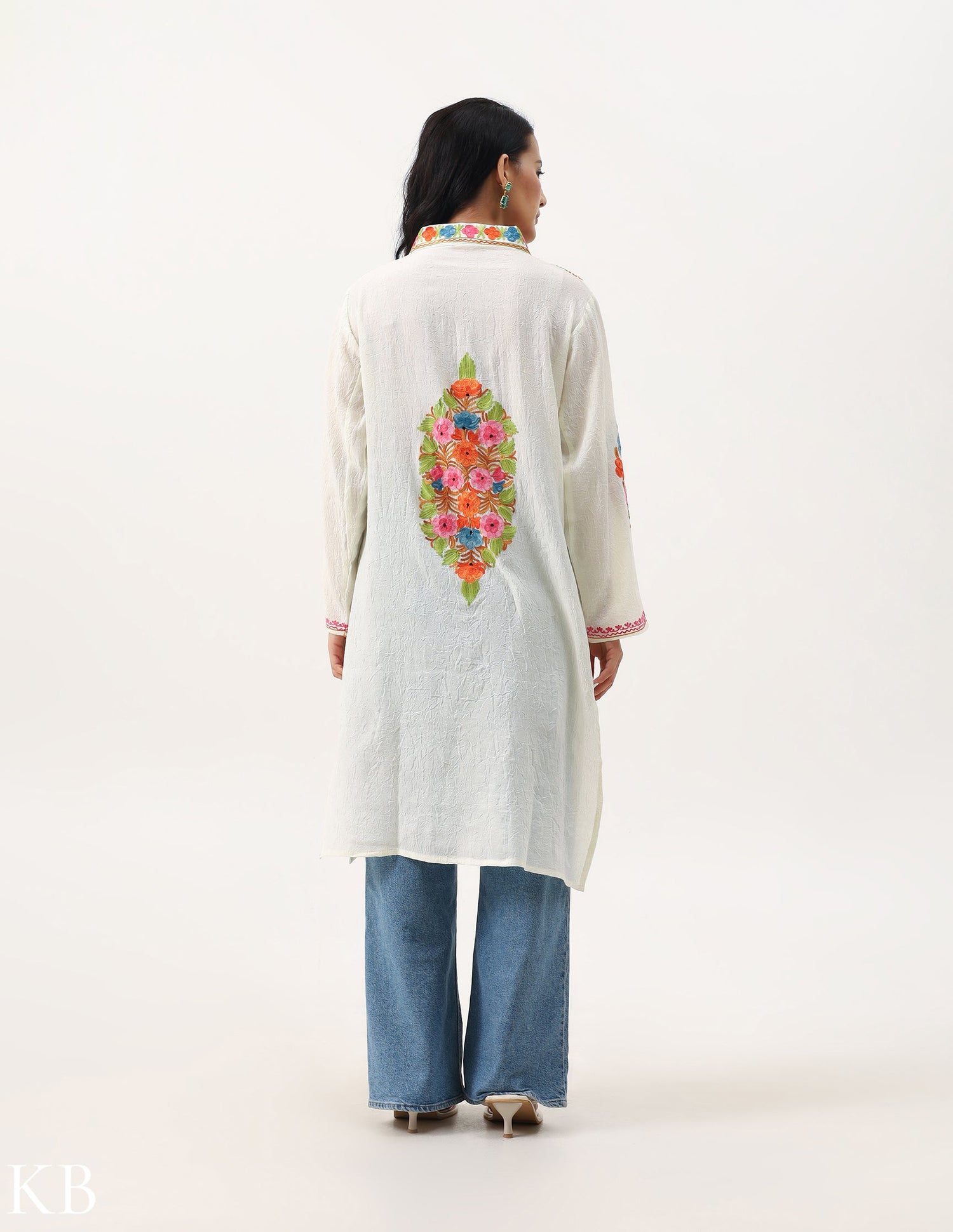 Off-White Floral Aari Work Cotton Kurti - Kashmir Box