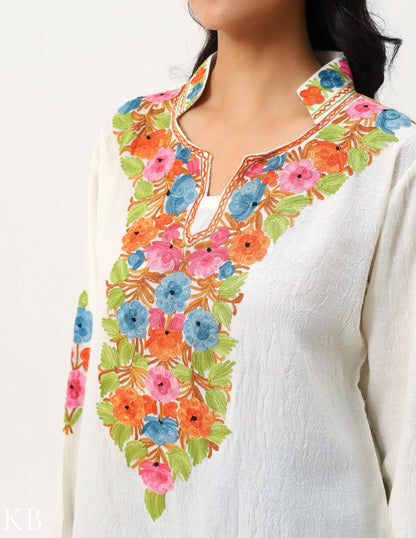 Off-White Floral Aari Work Cotton Kurti - Kashmir Box