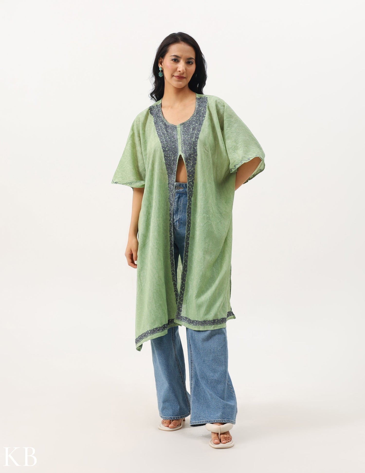 Pristine Green Zari Embellished Cotton Kaftan - Kashmir Box